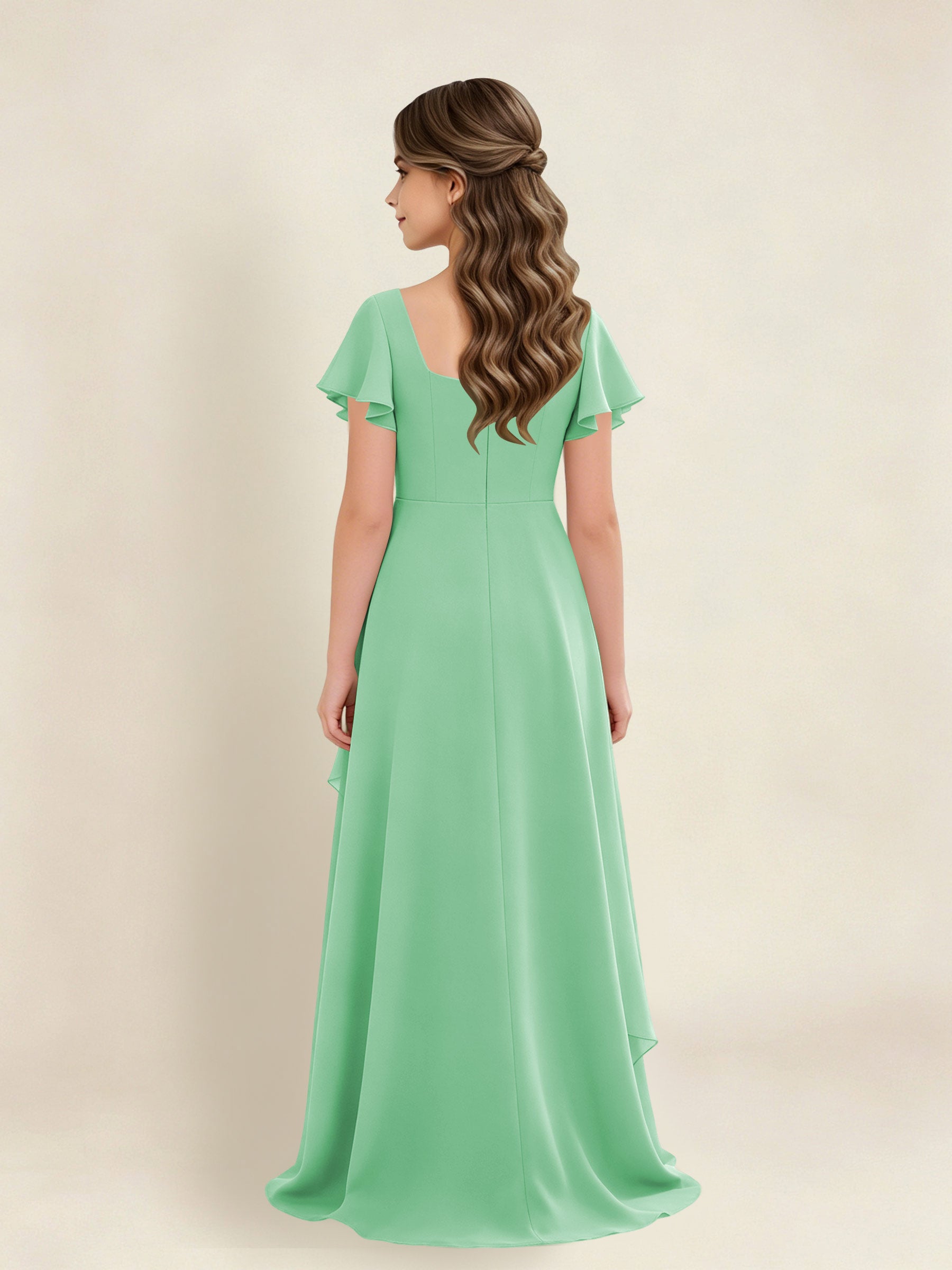 ROVDESY A-Line Square Neck Ruffle Chiffon Junior Bridesmaid Dress With Short Sleeves