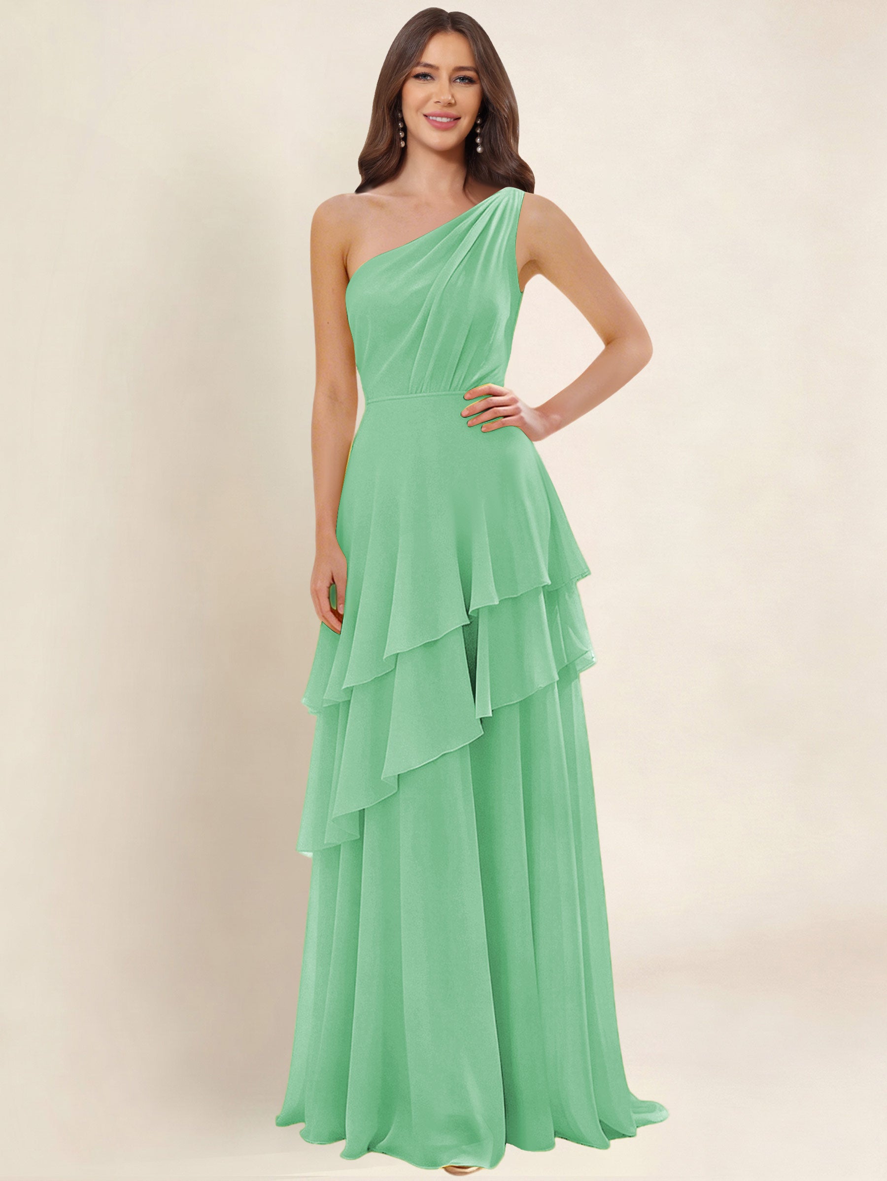 ROVDESY A-Line One Shoulder Pleated Tiered Chiffon Bridesmaid Dress