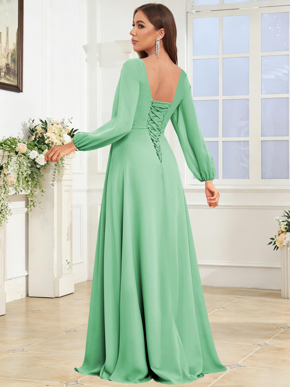 V Neck Chiffon Long Sleeve Bridesmaid Dresses with Slit