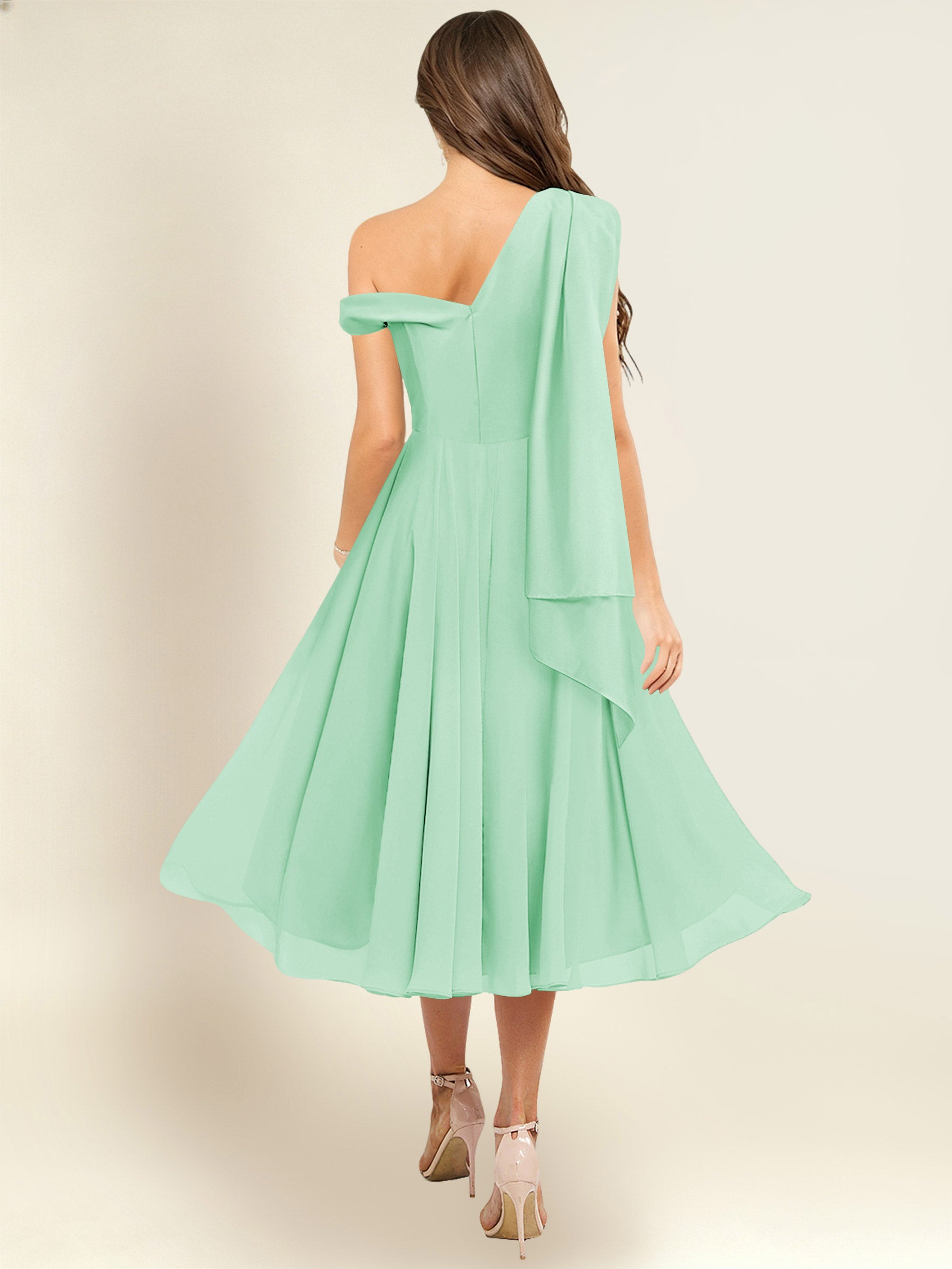 ROVDESY A-Line One Shoulder Pleated Chiffon Bridesmaid Dress With Flowing Sash
