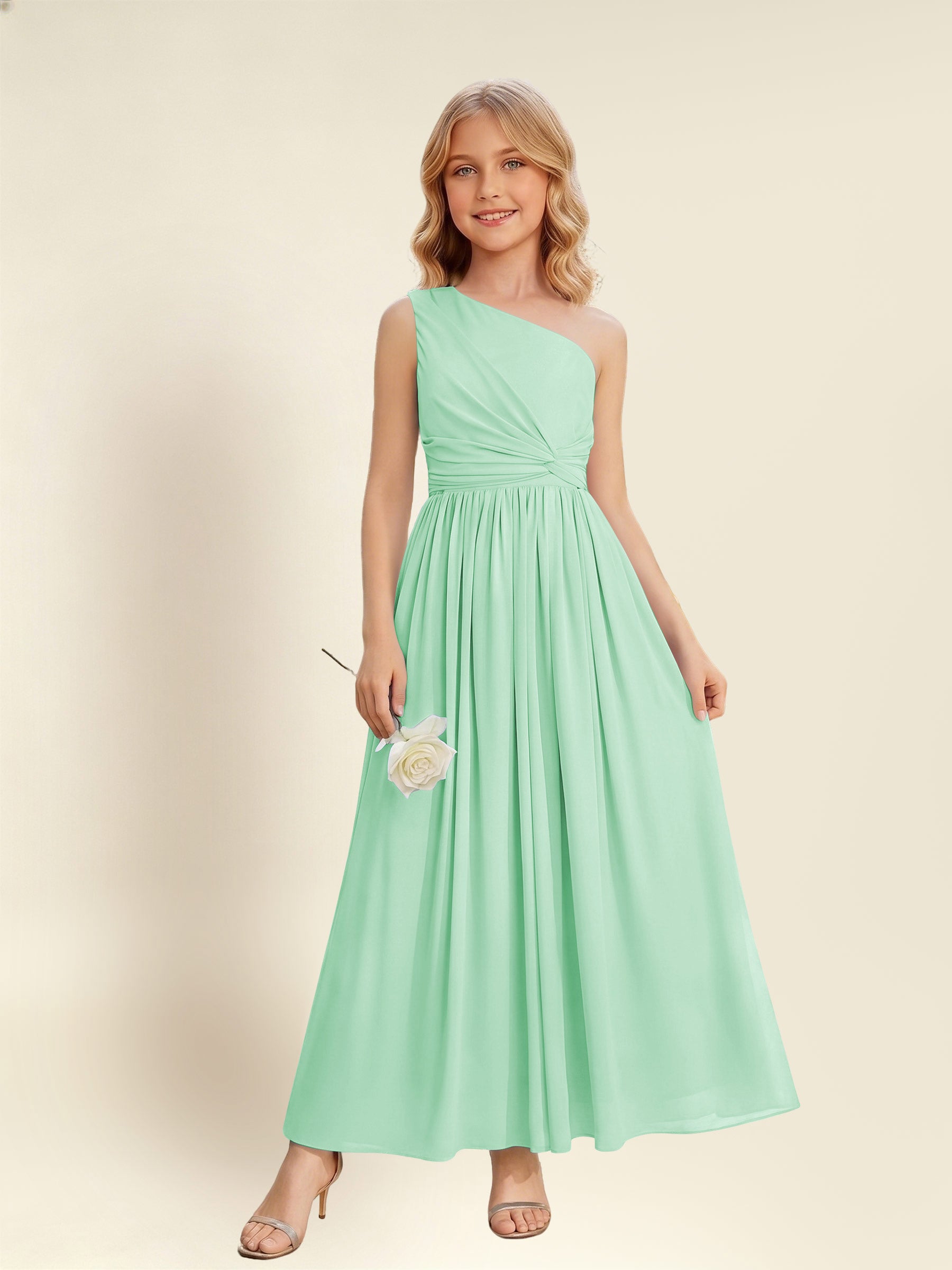 ROVDESY One Shoulder Twist Waist Chiffon Junior Bridesmaid Maxi Dress