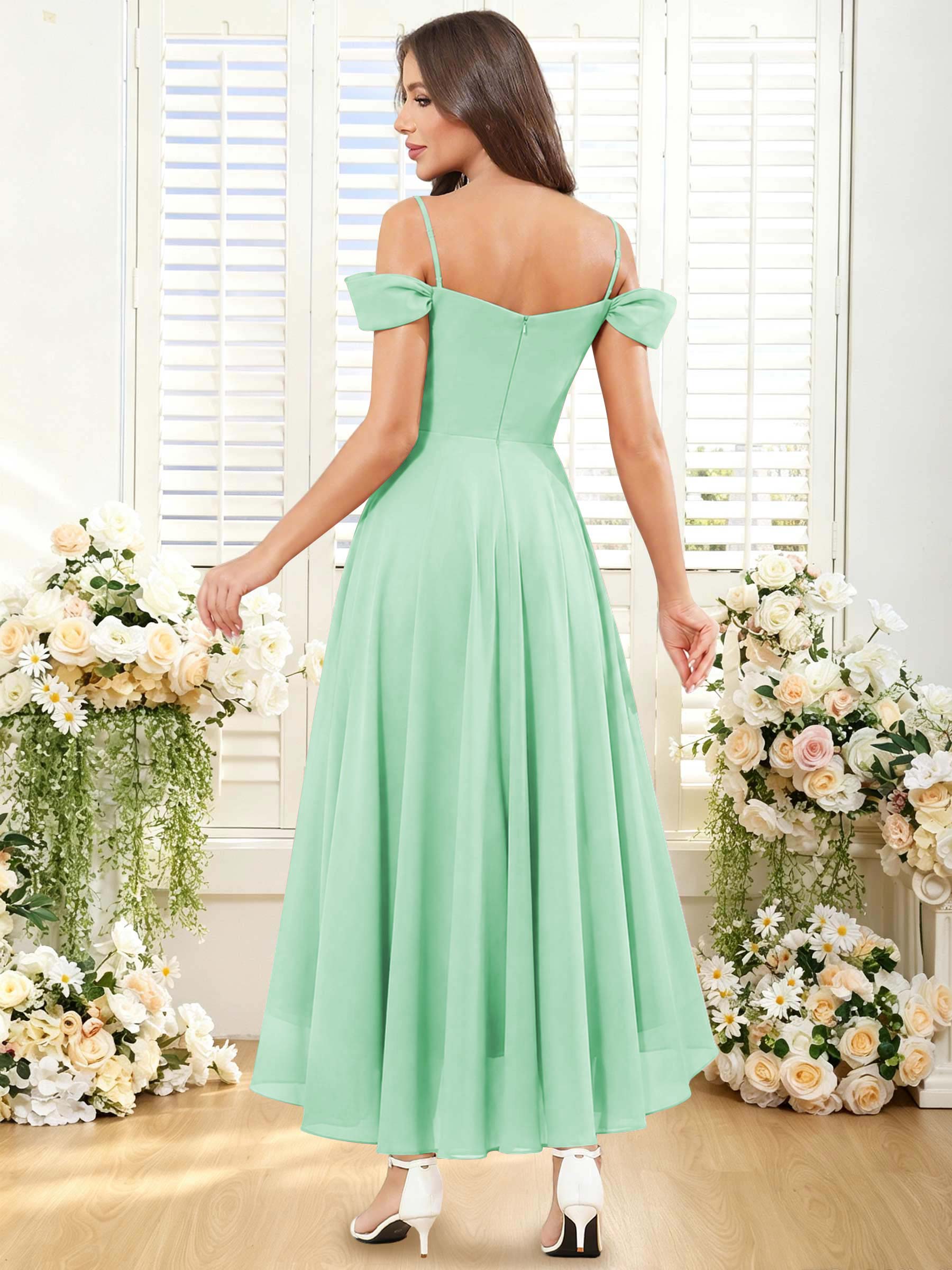 ROVDESY ROVDESY Short Cold Shoulder Sweetheart High Low Pleated Chiffon Bridesmaid Dress