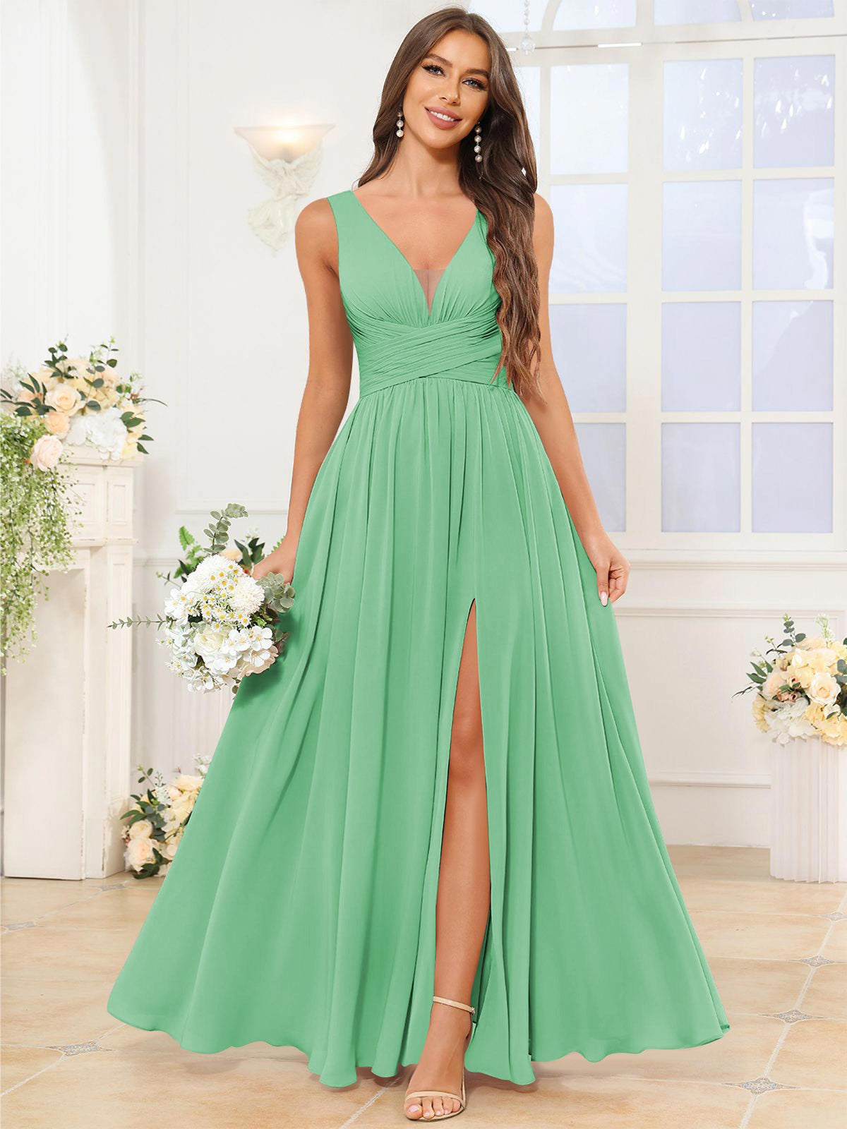 V Neck Chiffon A Line Bridesmaid Dress with Slit
