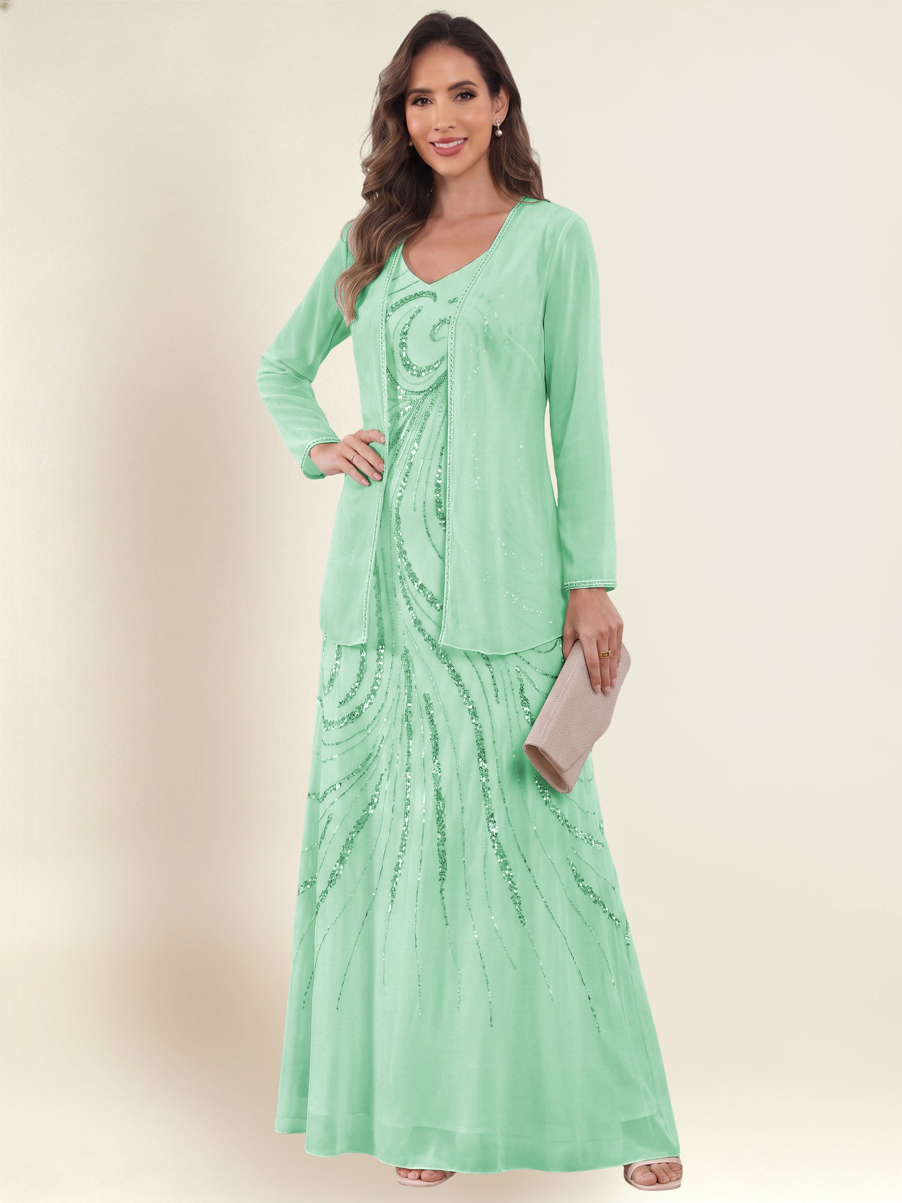ROVDESY 2 Pieces V-Neck Sequin Chiffon Long Mother Of The Bride Dress With Long Sleeve Jacket