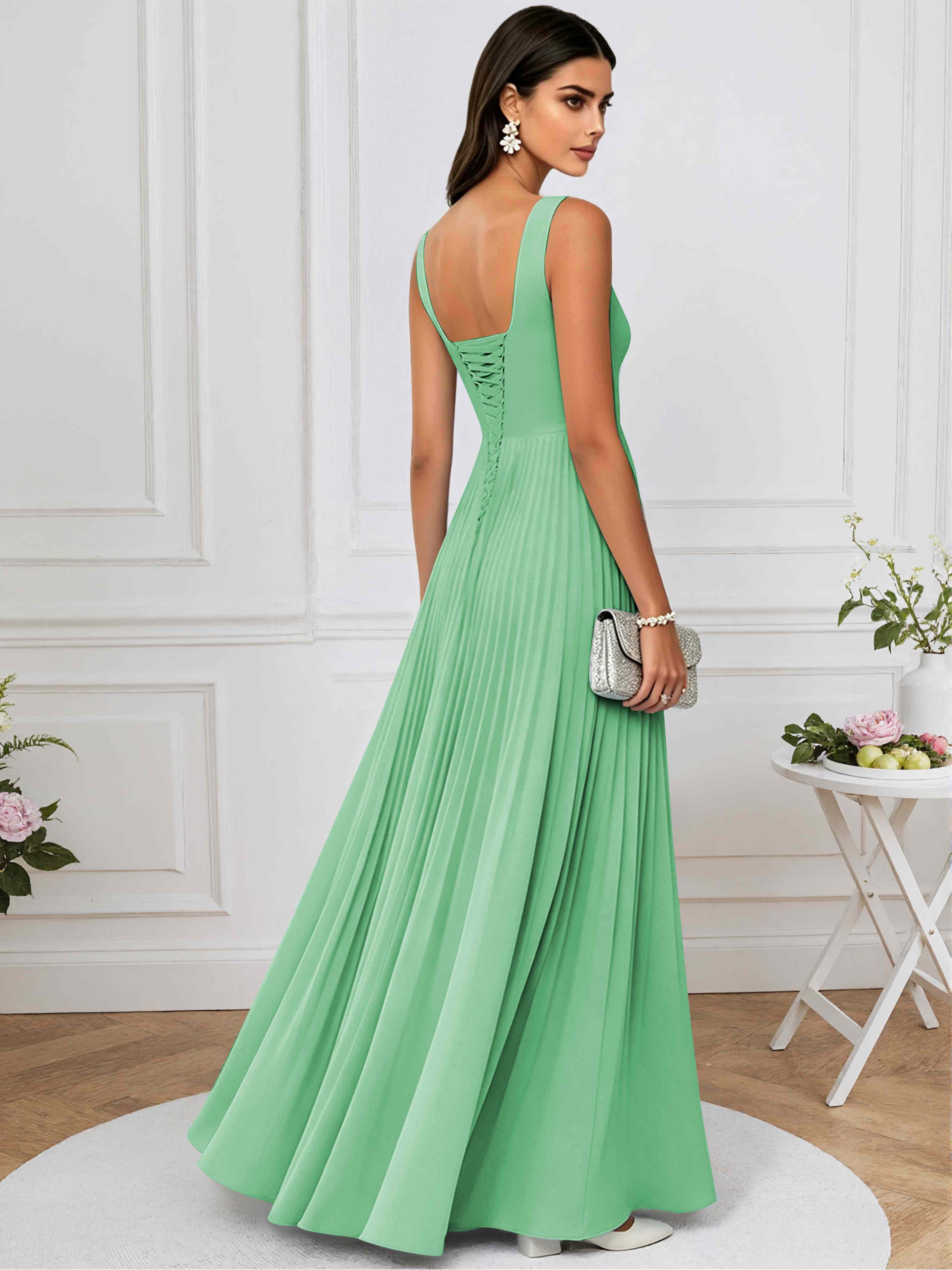 ROVDESY A-Line Square Neck Pleated Chiffon Long Bridesmaid/Prom Dress