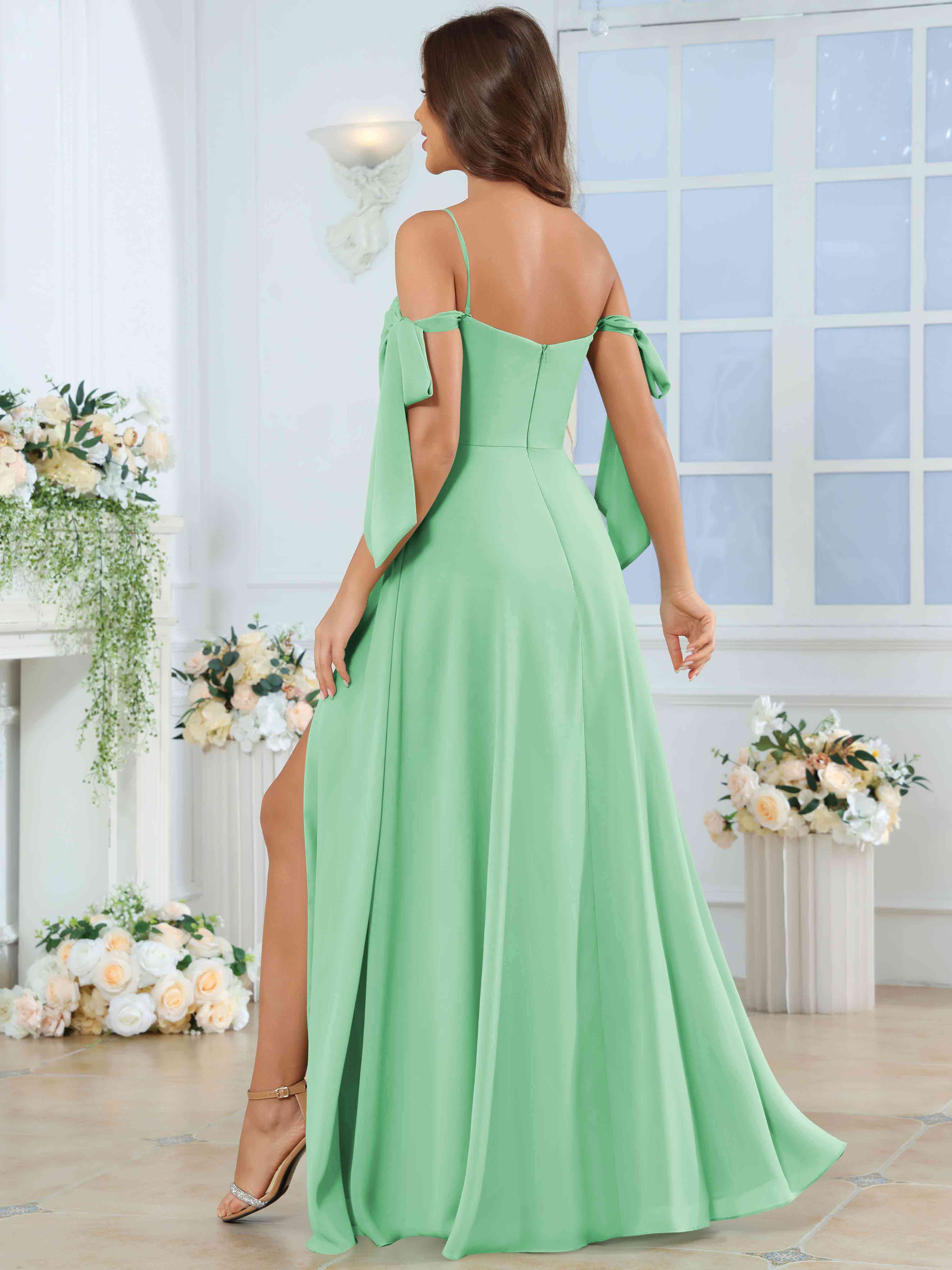 ROVDESY Spaghetti Strap Pleated Ruffle Slit Chiffon Bridesmaid Dress With Bow Sleeves