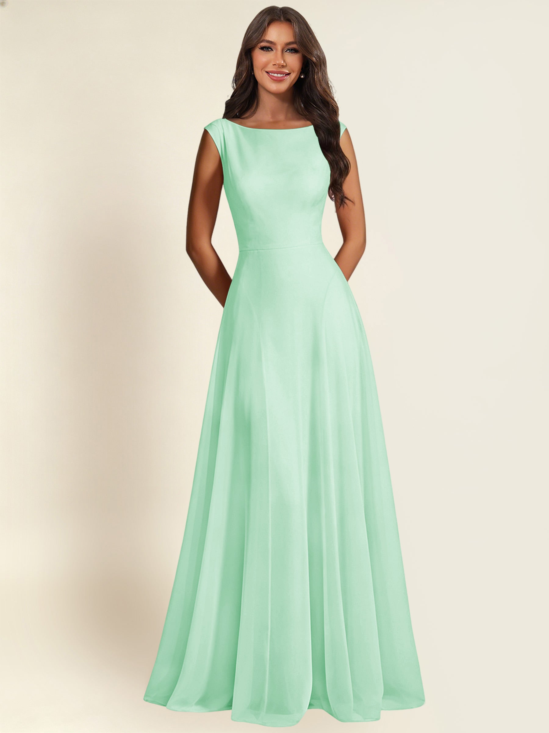 ROVDESY A-Line Chiffon Long Bridesmaid Dress With Sleeveless