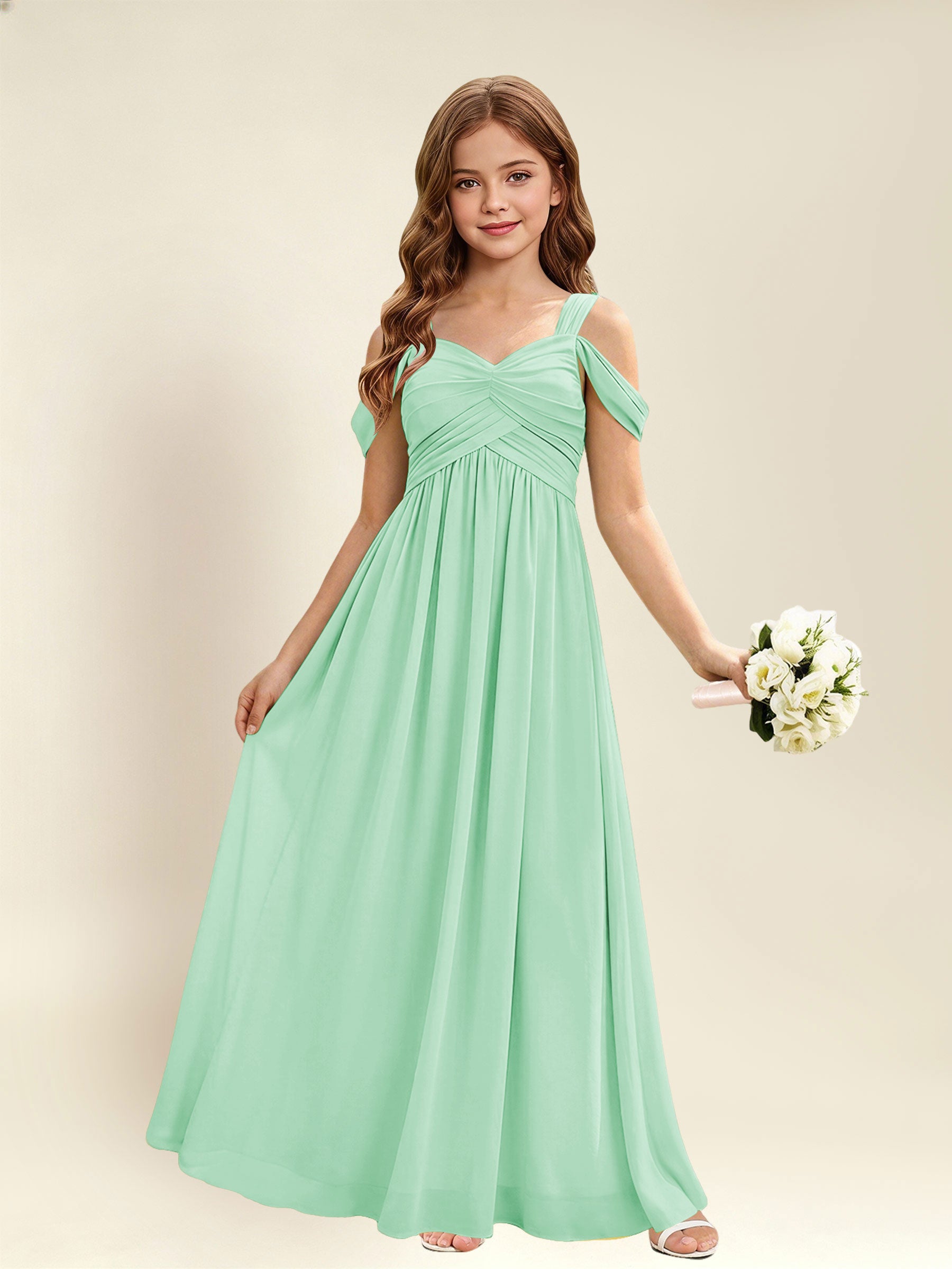 ROVDESY A-Line Off The Shoulder Pleated Chiffon Junior Bridesmaid Dress