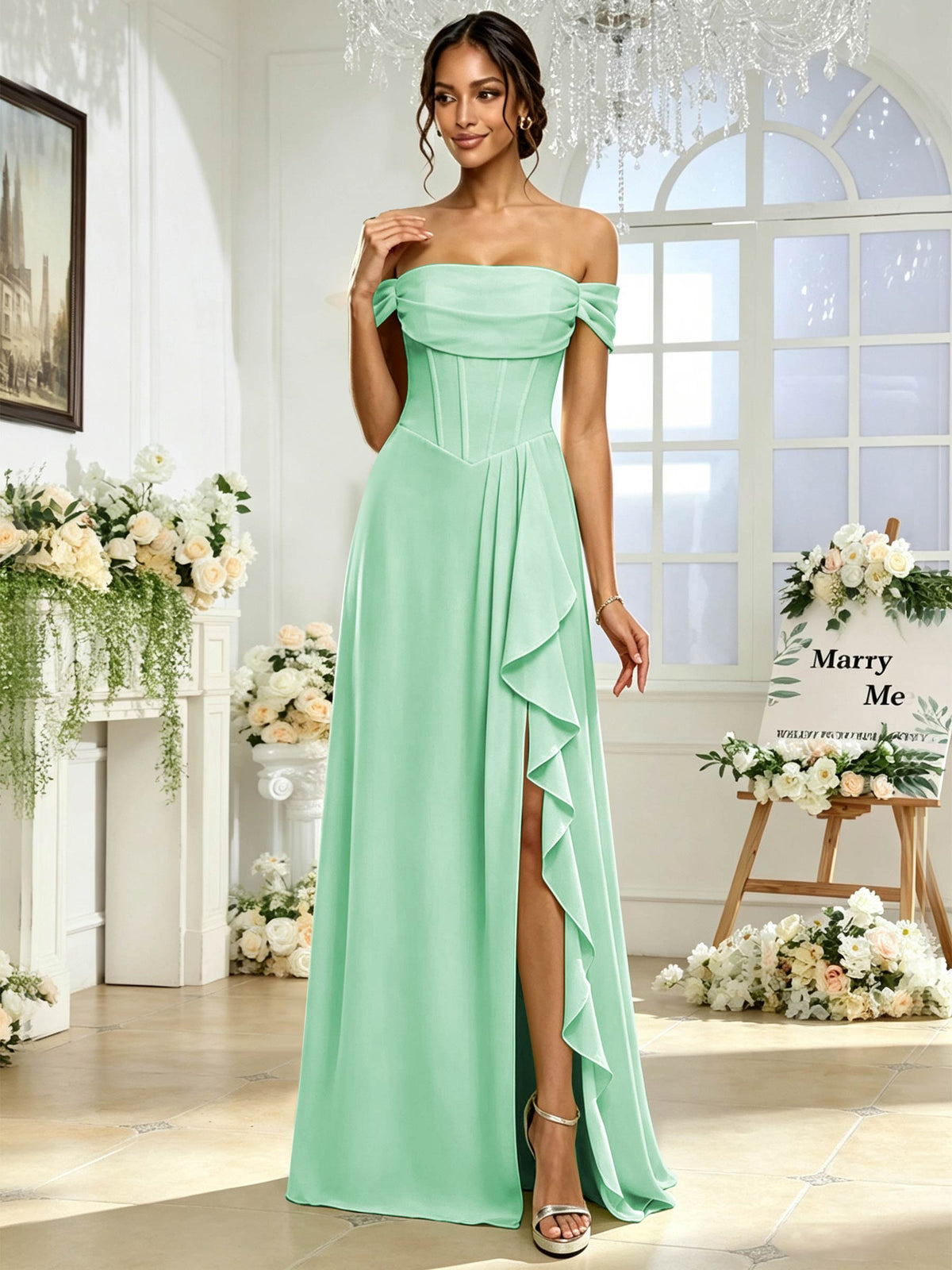 Off the Shoulder Chiffon A Line Long Bridesmaid Dress with Slit