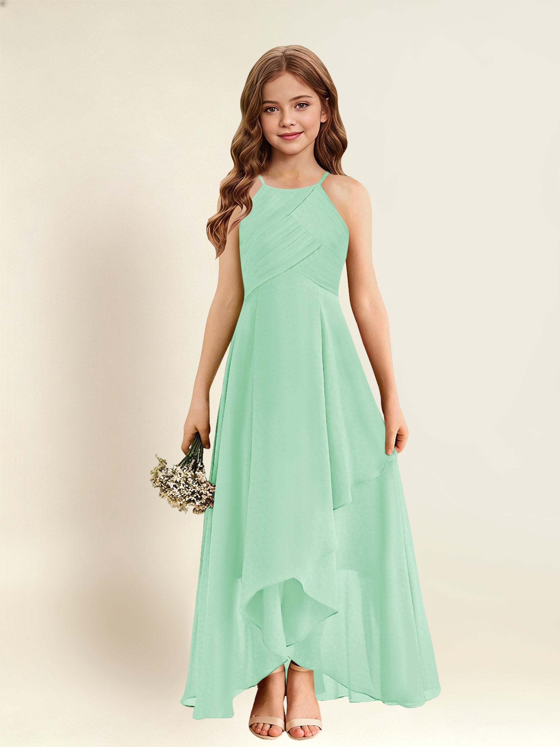 ROVDESY A-Line Halter Pleated Chiffon Junior Bridesmaid Dress
