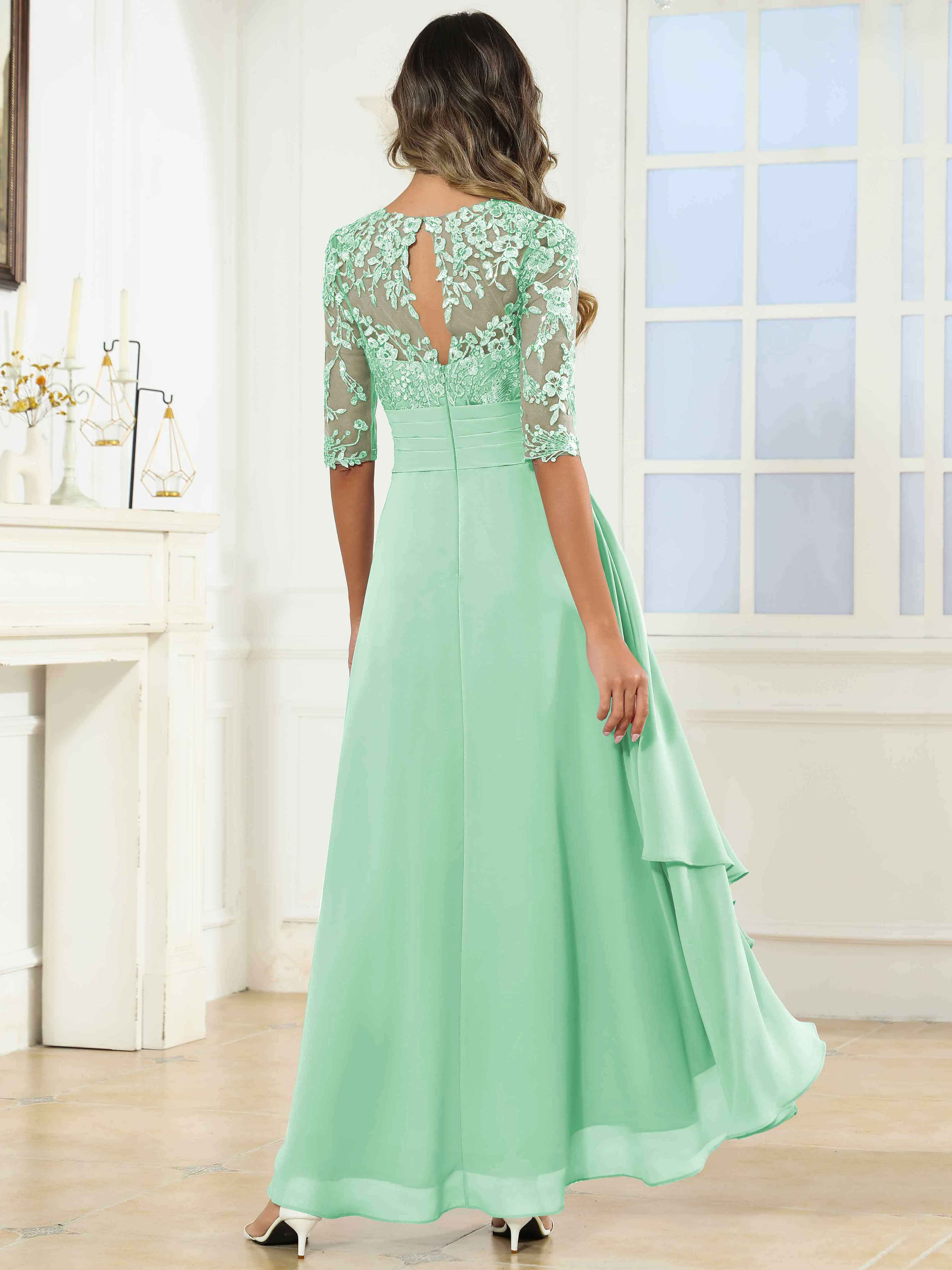 ROVDESY Tea Length A-Line Lace Chiffon Mother Of The Bride Dress With Half Sleeves
