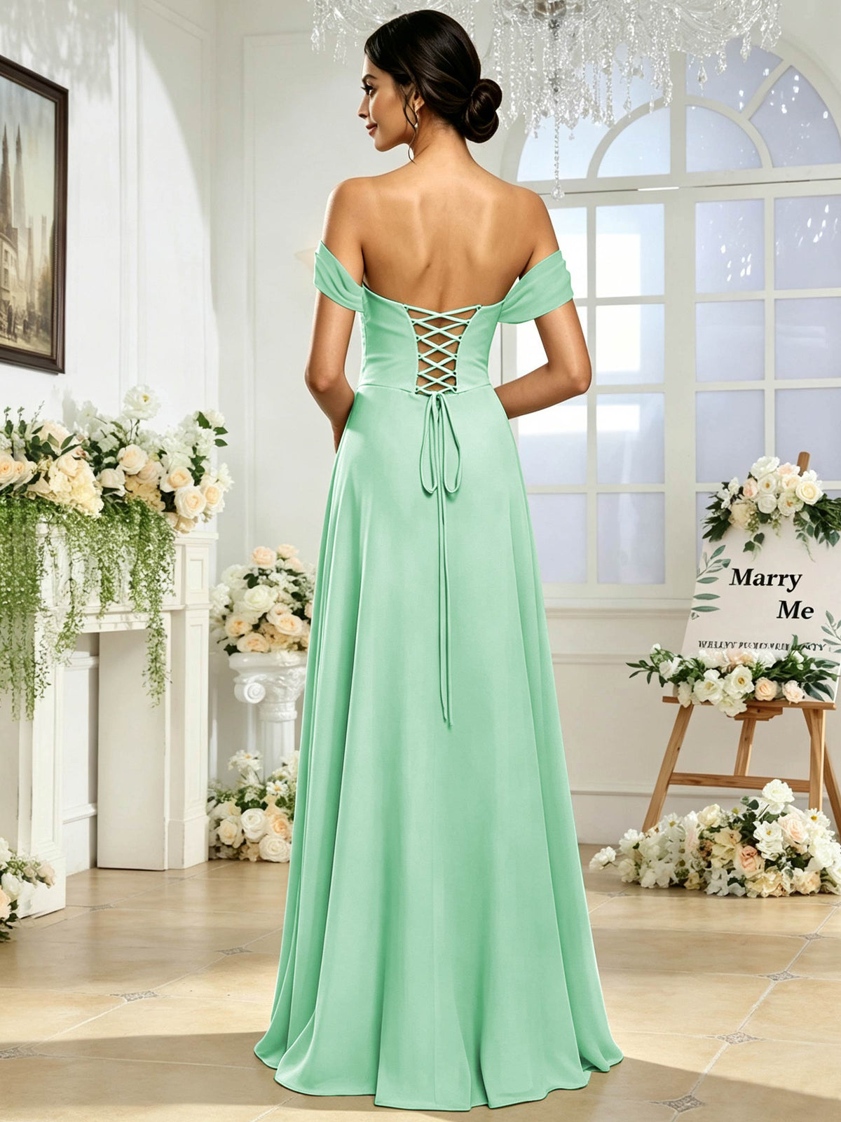 Off the Shoulder Chiffon A Line Long Bridesmaid Dress with Slit