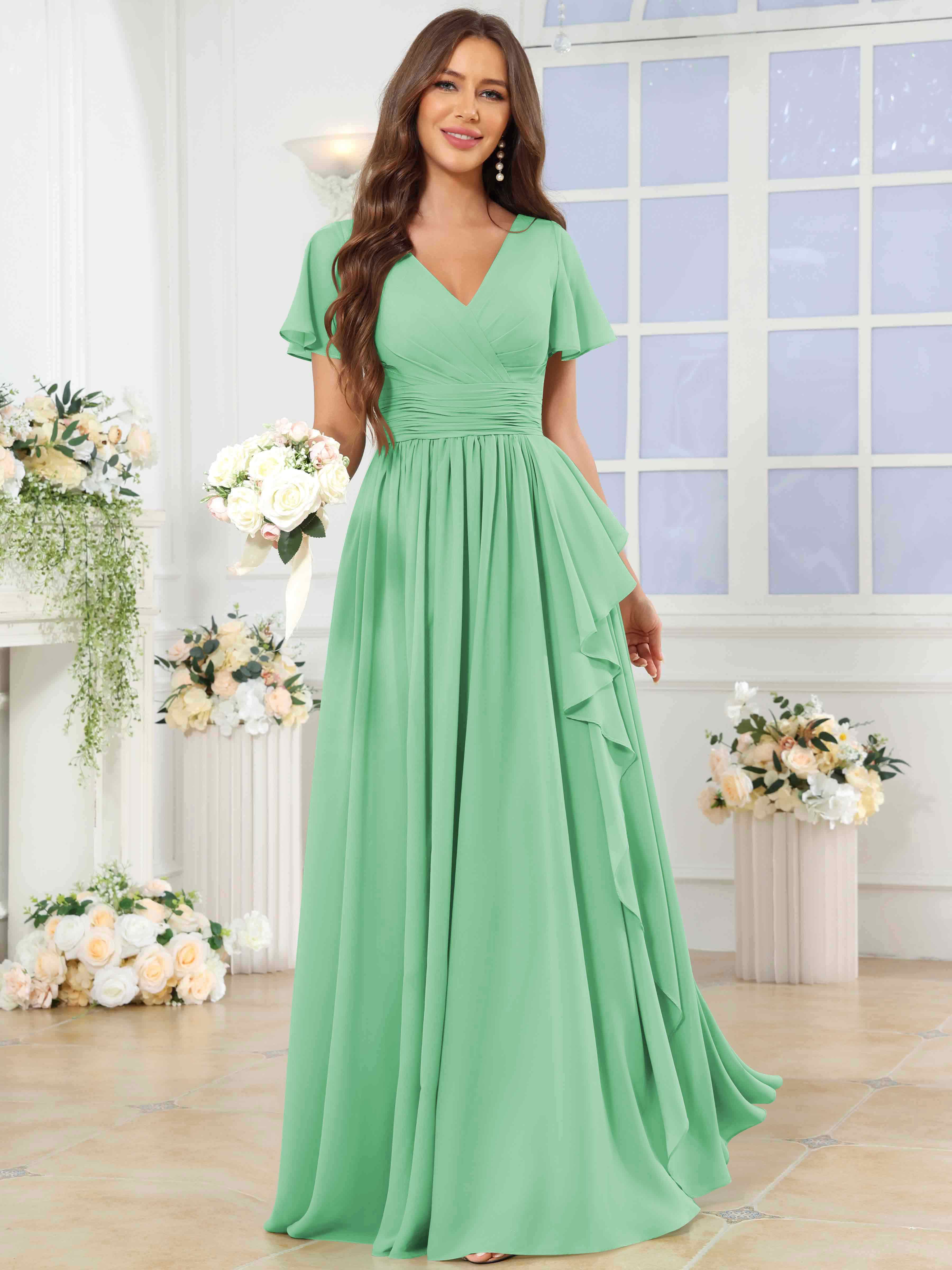 ROVDESY A-Line V-Neck Slit Pleated Ruffle Chiffon Bridesmaid Dress With Short Sleeves