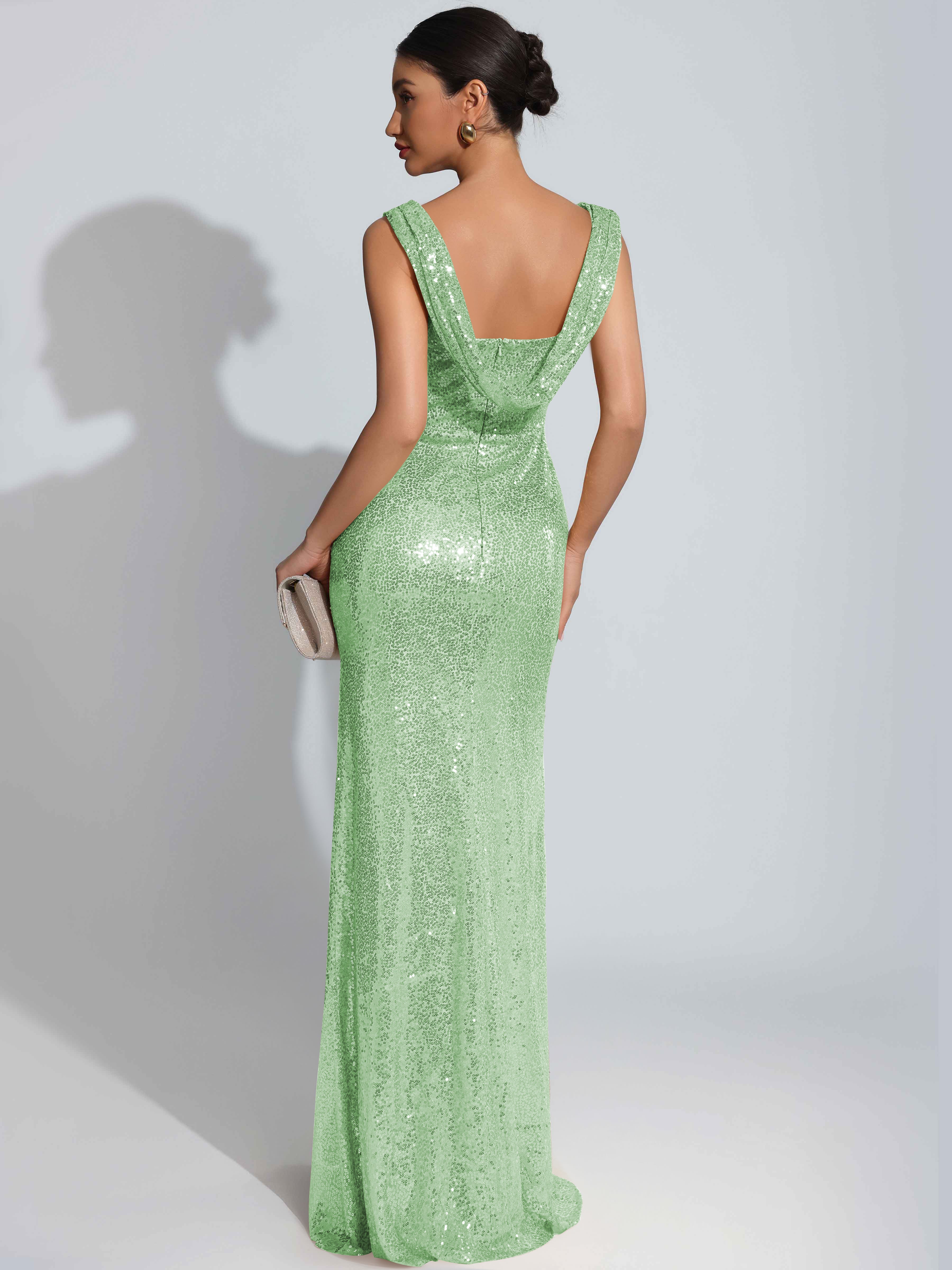 ROVDESY Sparkly Bateau Mermaid Ruched Sequin Long Prom Dress with Slit