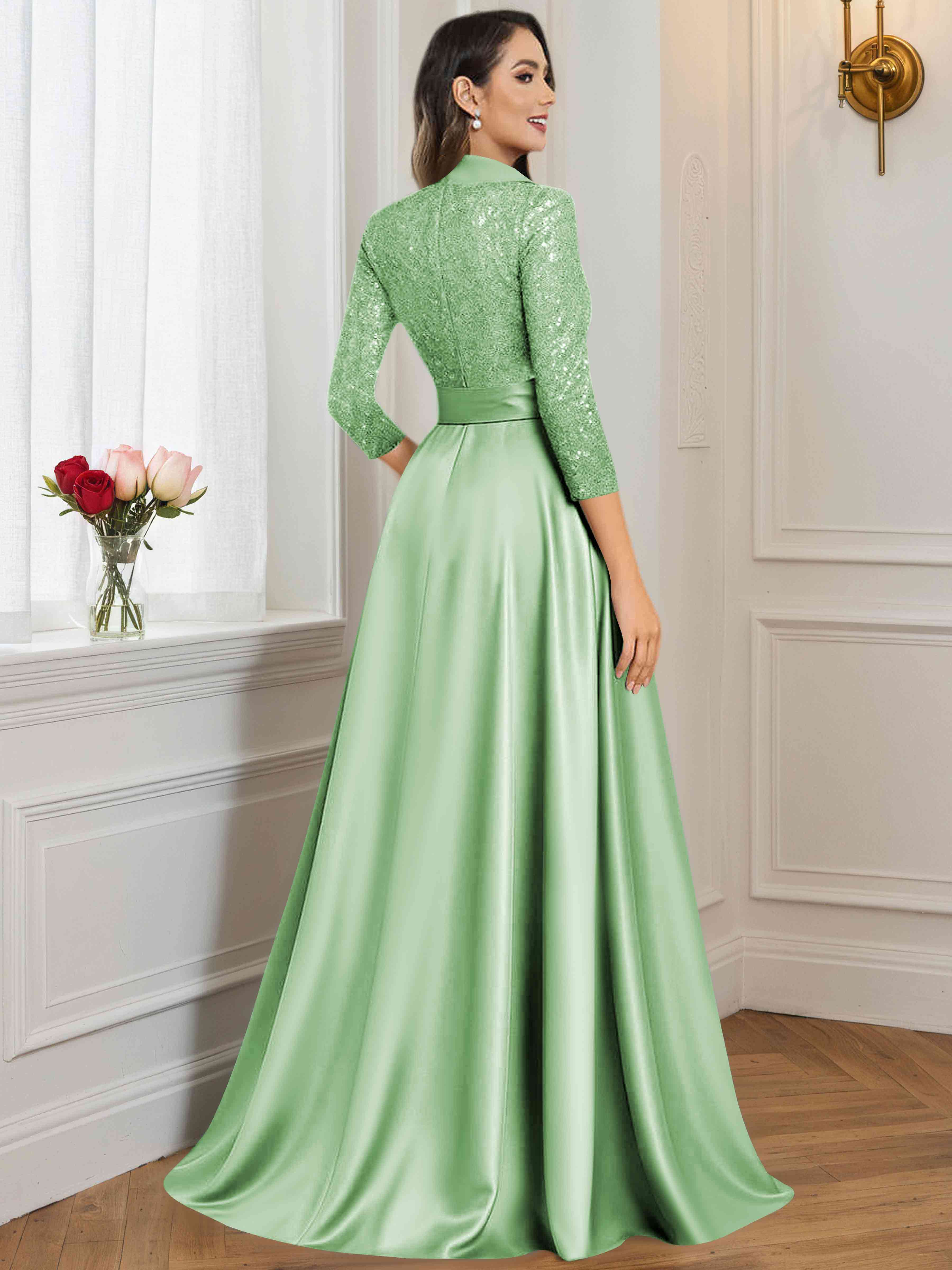 ROVDESY A-Line V Neck Sequin Satin  Long Mother of The Bride Dress Formal Gown With 3/4 Sleeves