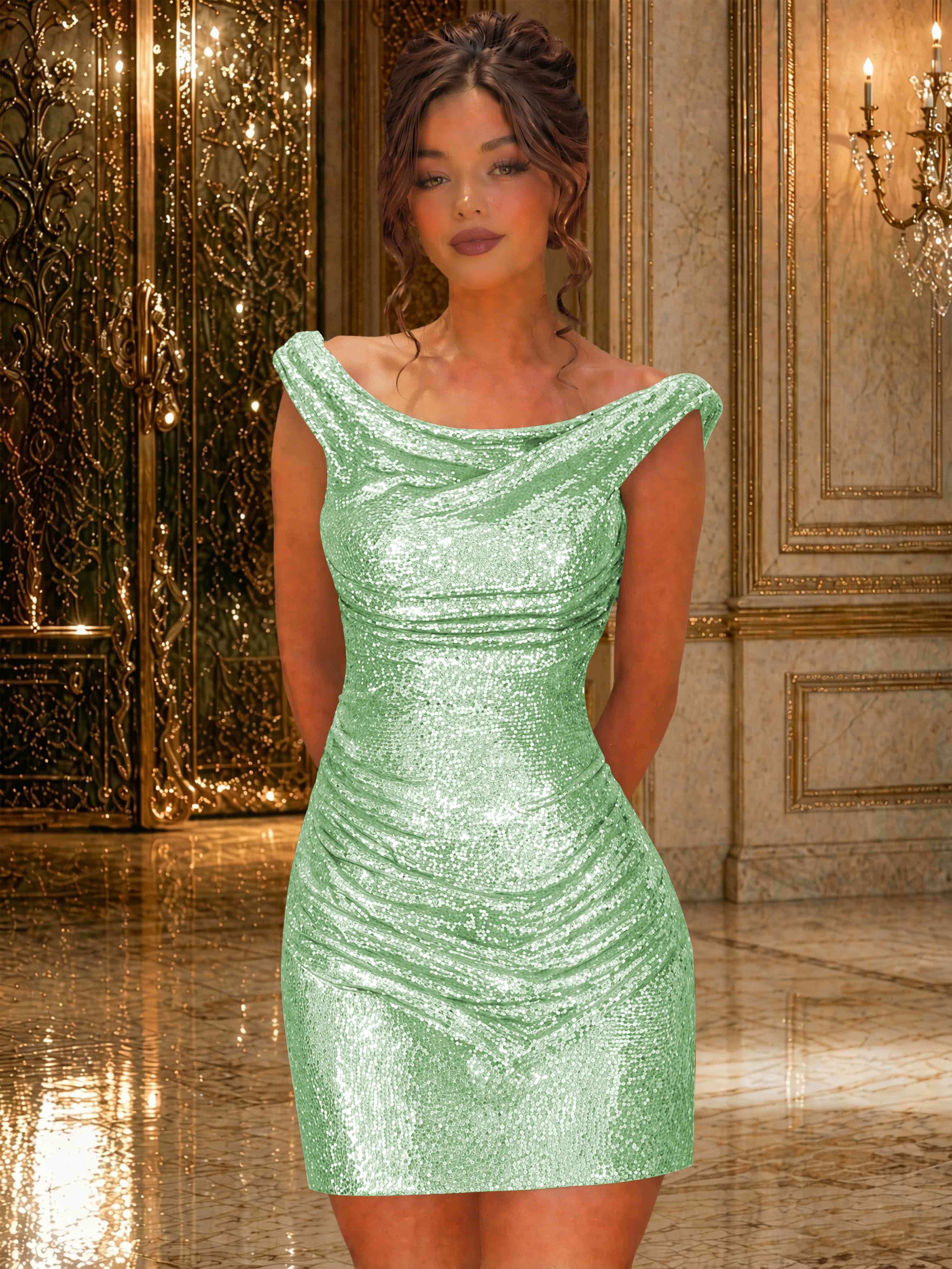 ROVDES Sparkly Off The Shoulder Ruched Sequin Tight Homecoming Mini Dress