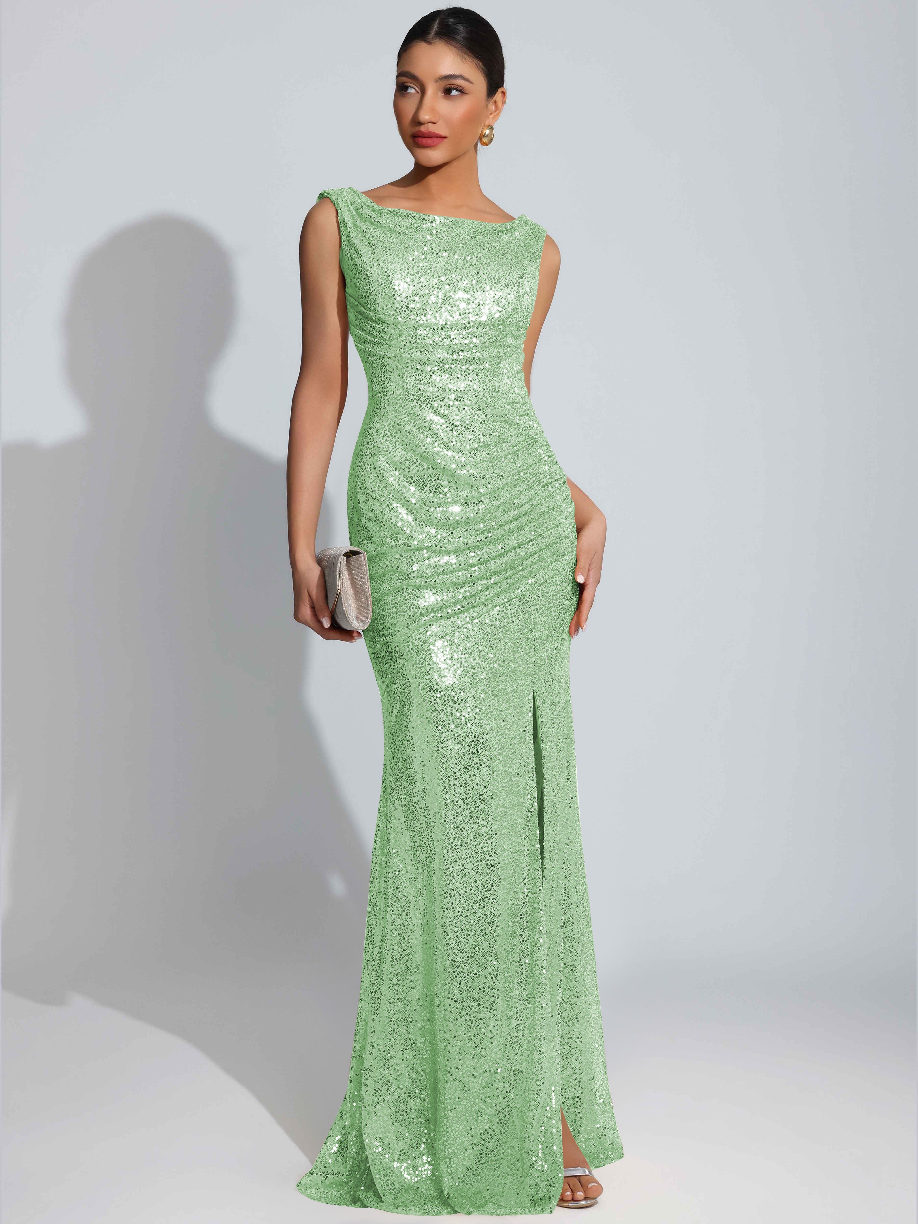 ROVDESY Sparkly Bateau Mermaid Ruched Sequin Long Prom Dress with Slit