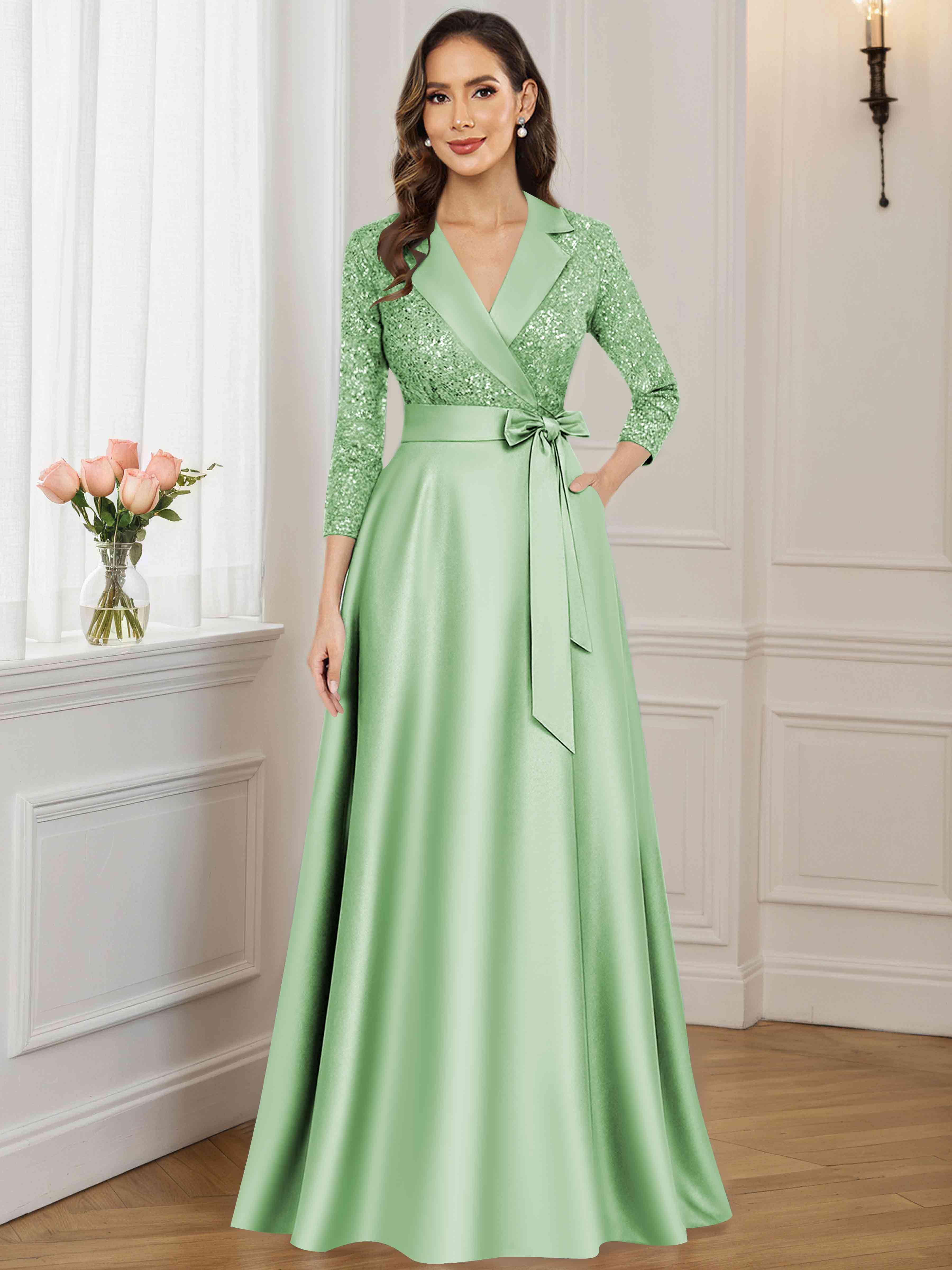 ROVDESY A-Line V Neck Sequin Satin  Long Mother of The Bride Dress Formal Gown With 3/4 Sleeves
