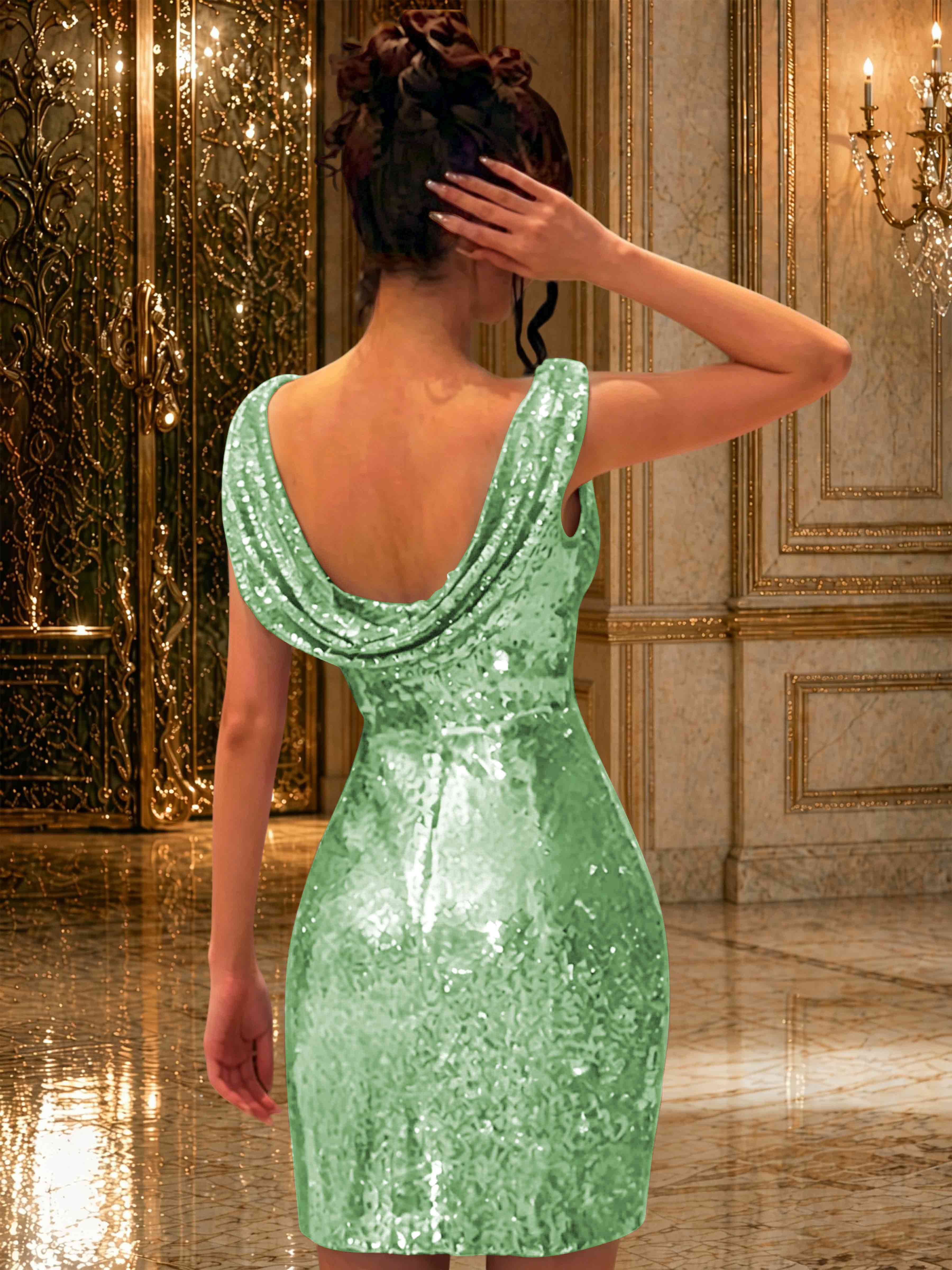 ROVDES Sparkly Off The Shoulder Ruched Sequin Tight Homecoming Mini Dress