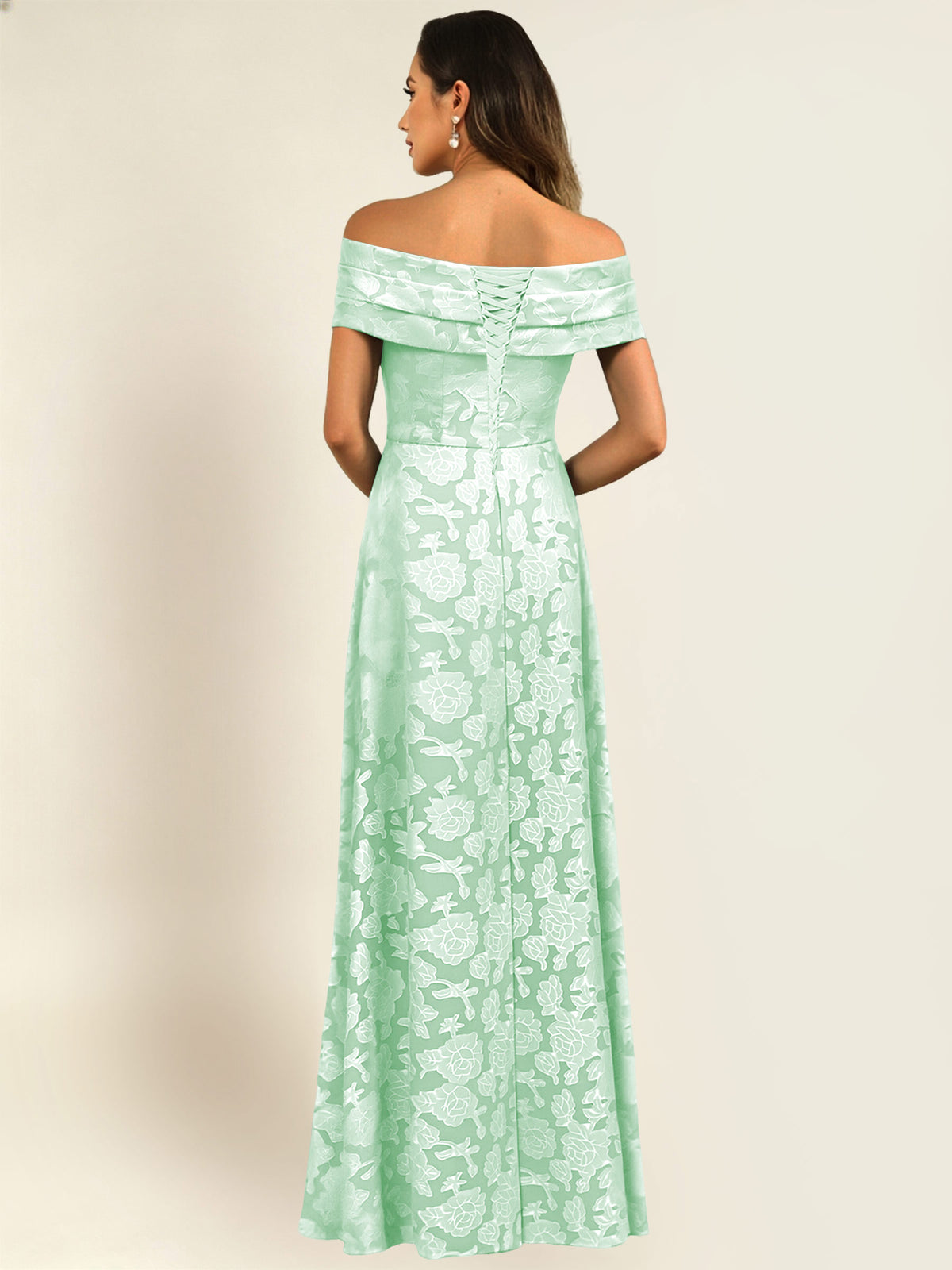 ROVDESY Off the Shoulder Floral Jacquard A-Line Long Mother of the Bride Dress