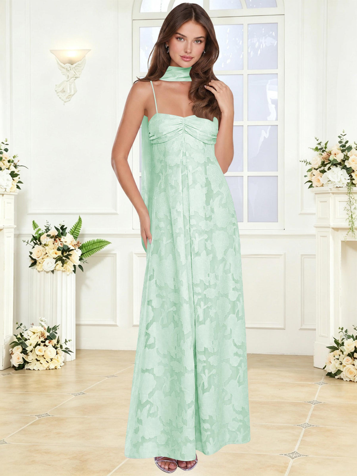 Spaghetti Strap Ruched Floral Jacquard A Line Bridesmaid Dress with Scarf