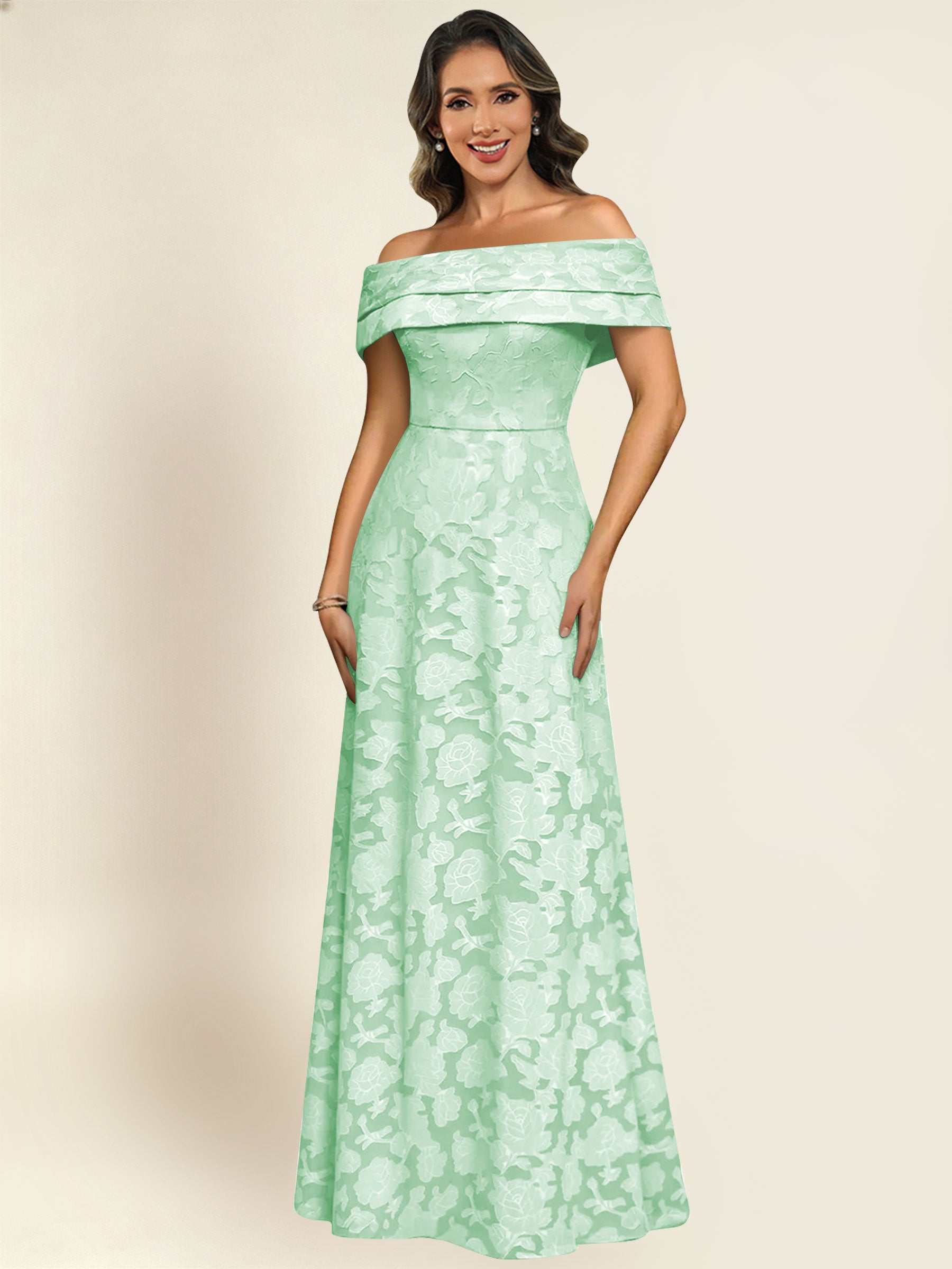 ROVDESY Off the Shoulder Floral Jacquard A-Line Long Mother of the Bride Dress