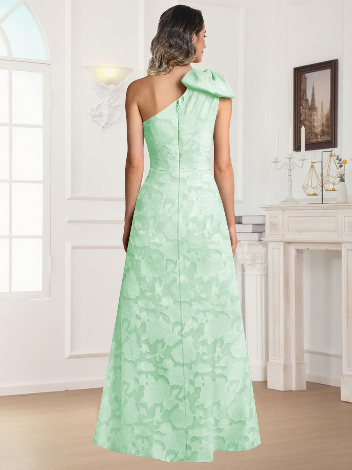 One Shoulder Floral Jacquard Mother of the Bride Dress