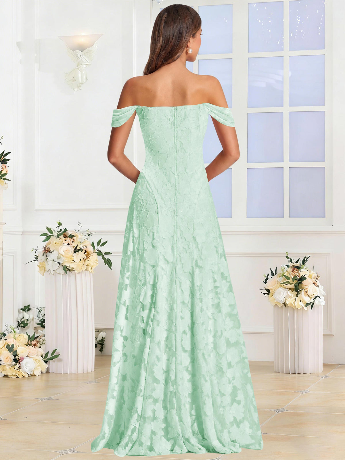 Off the Shoulder Floral Ruched A-line Bridesmaid Dress