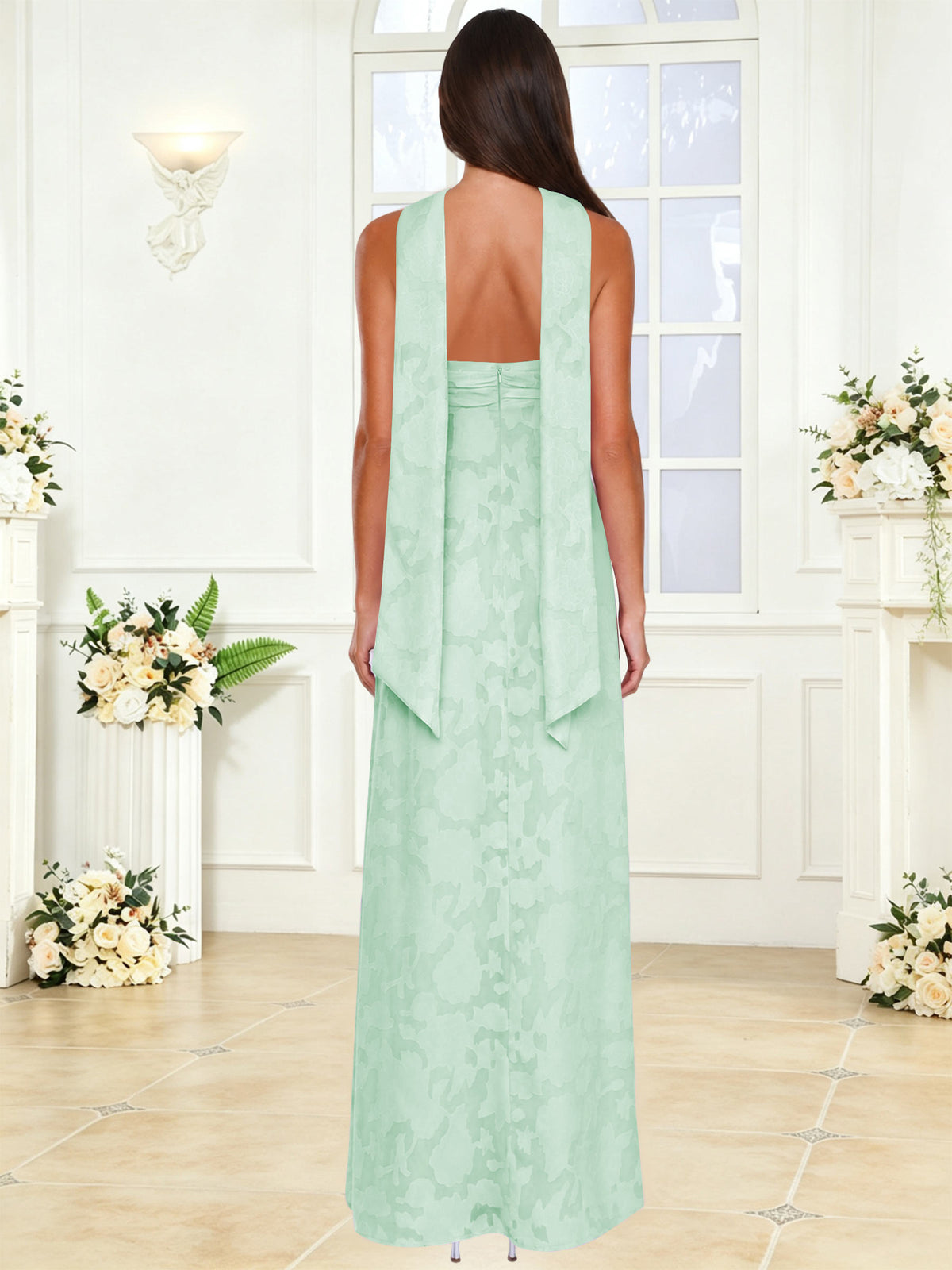 Spaghetti Strap Ruched Floral Jacquard A Line Bridesmaid Dress with Scarf