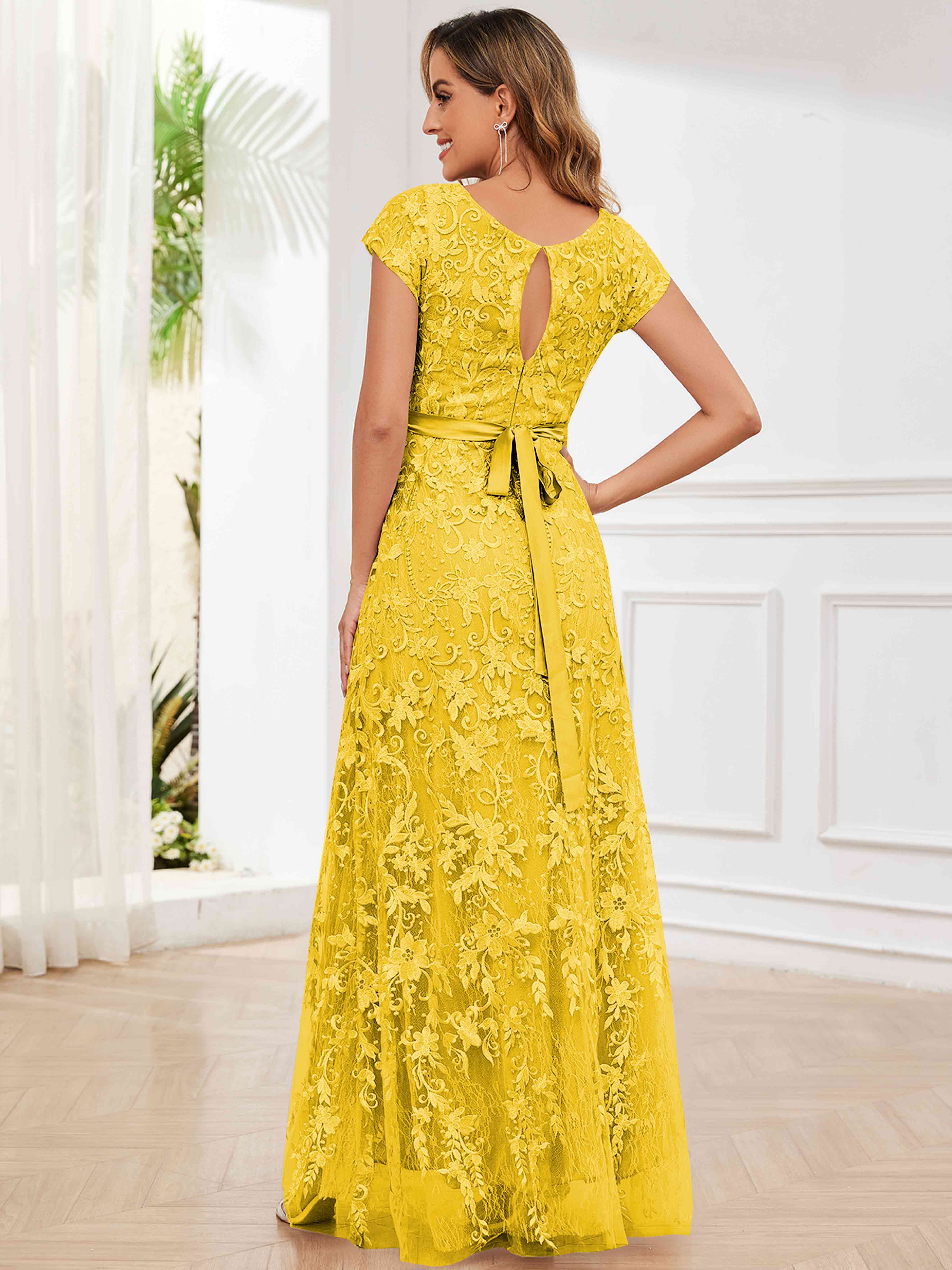 ROVDESY Elegant Lace Mother Of The Bride Dress With Short Sleeves Formal Gown