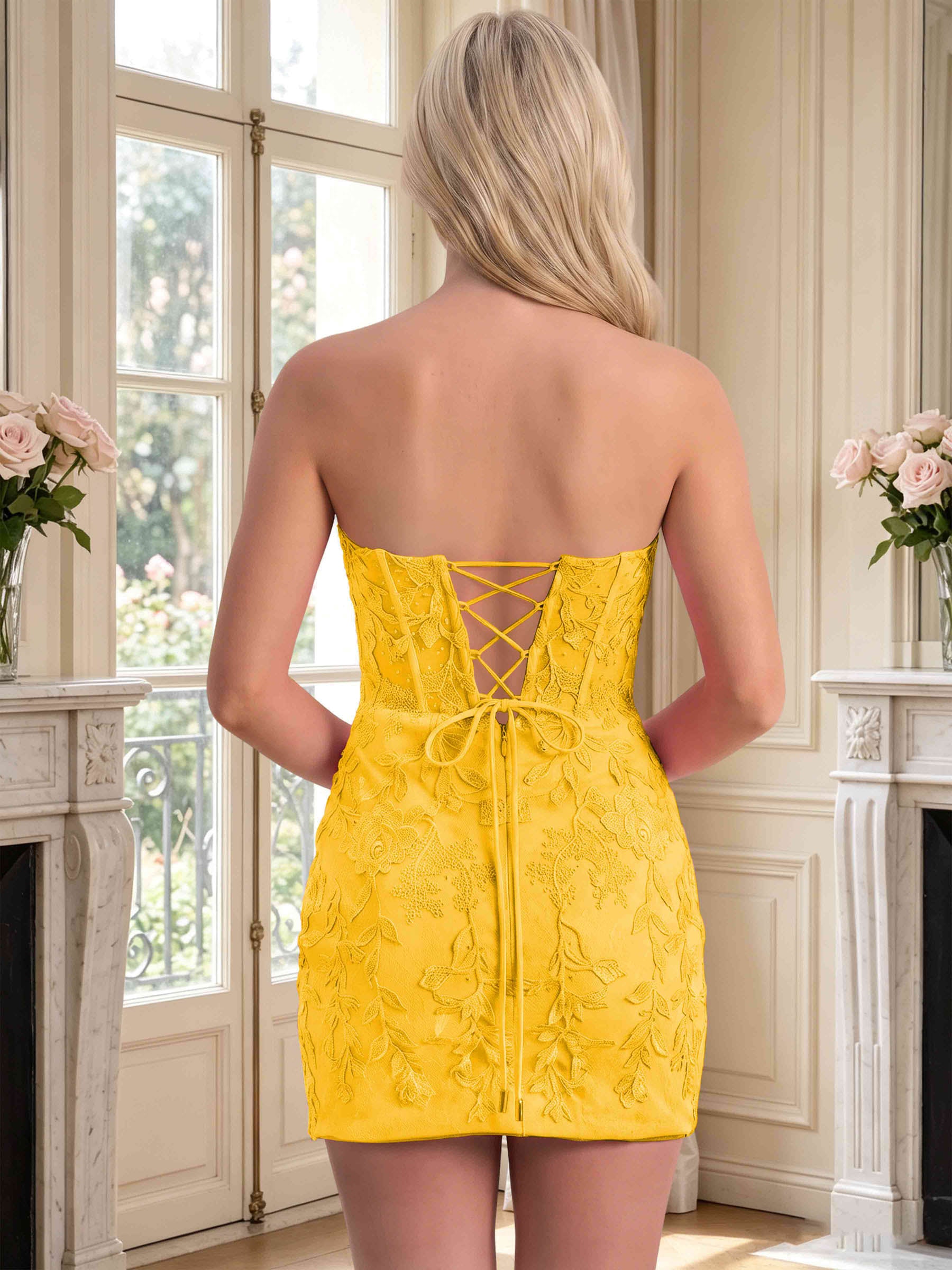 ROVDESY Strapless Sweetheart Floral Lace Tight Homecoming Mini Dress