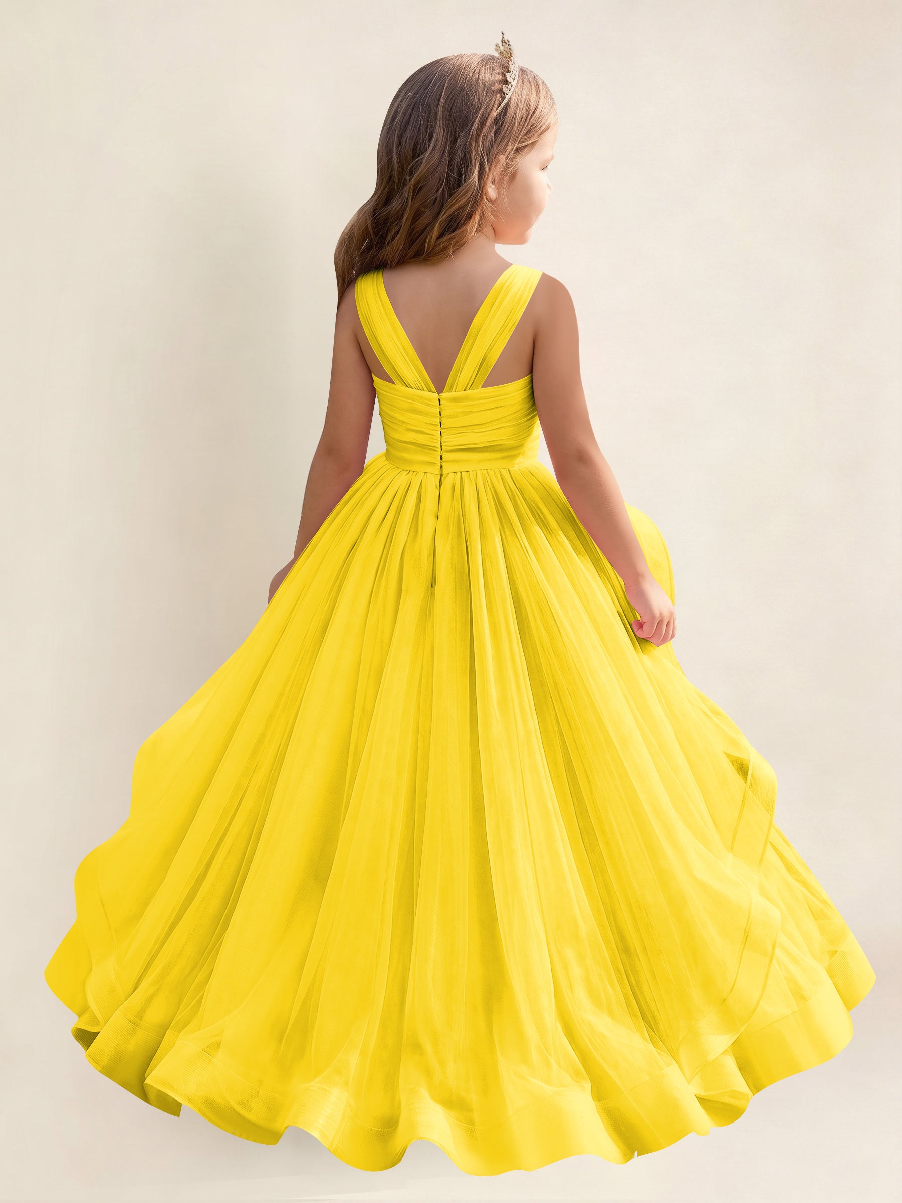 ROVDESY A-Line V-Neck Tulle Flower Girl Dress With Sleeveless Long Ball Gown Dress