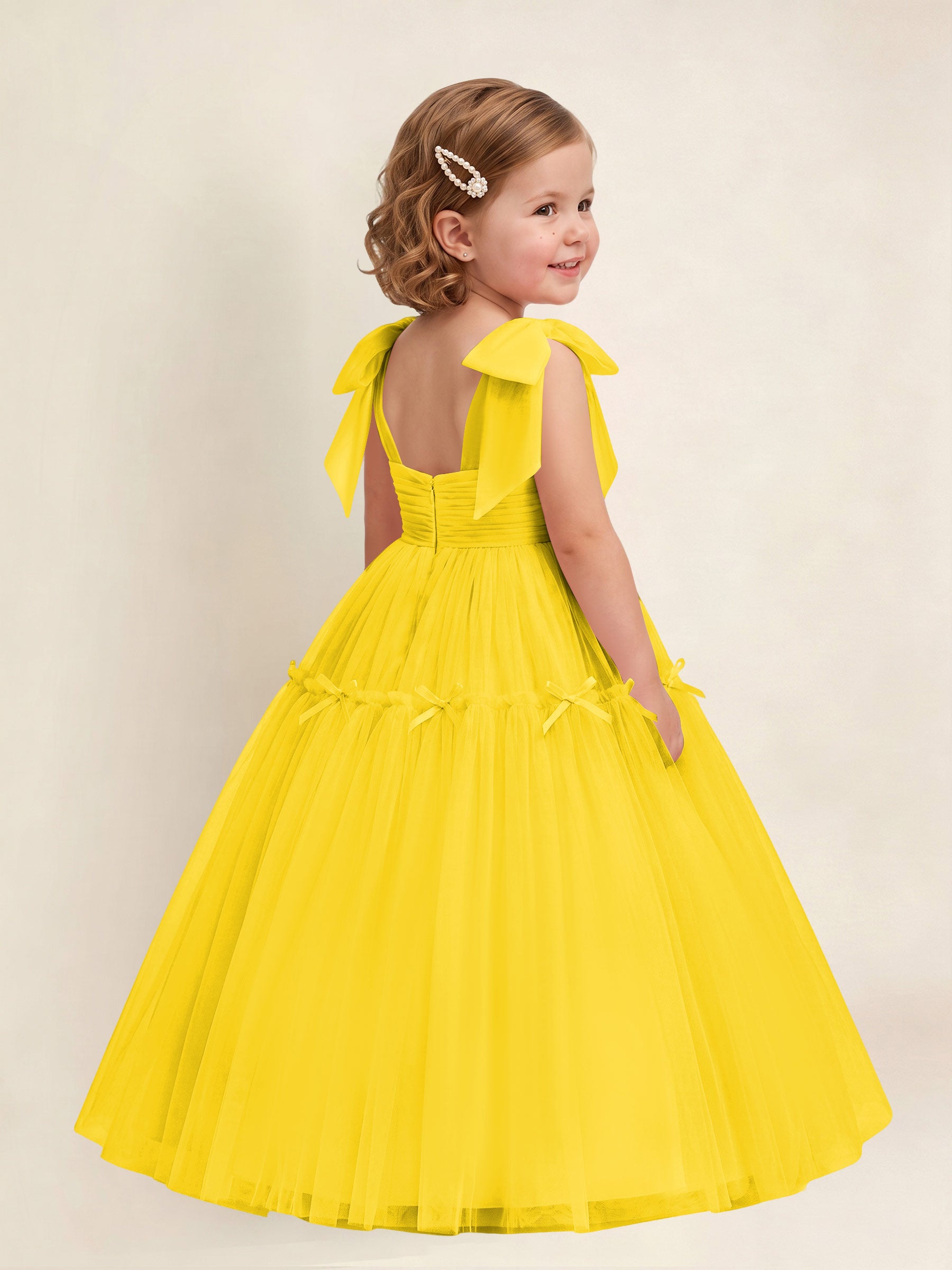 ROVDESY A-Line Tulle Flower Girl Dress With Bow Long Ball Gown Dress