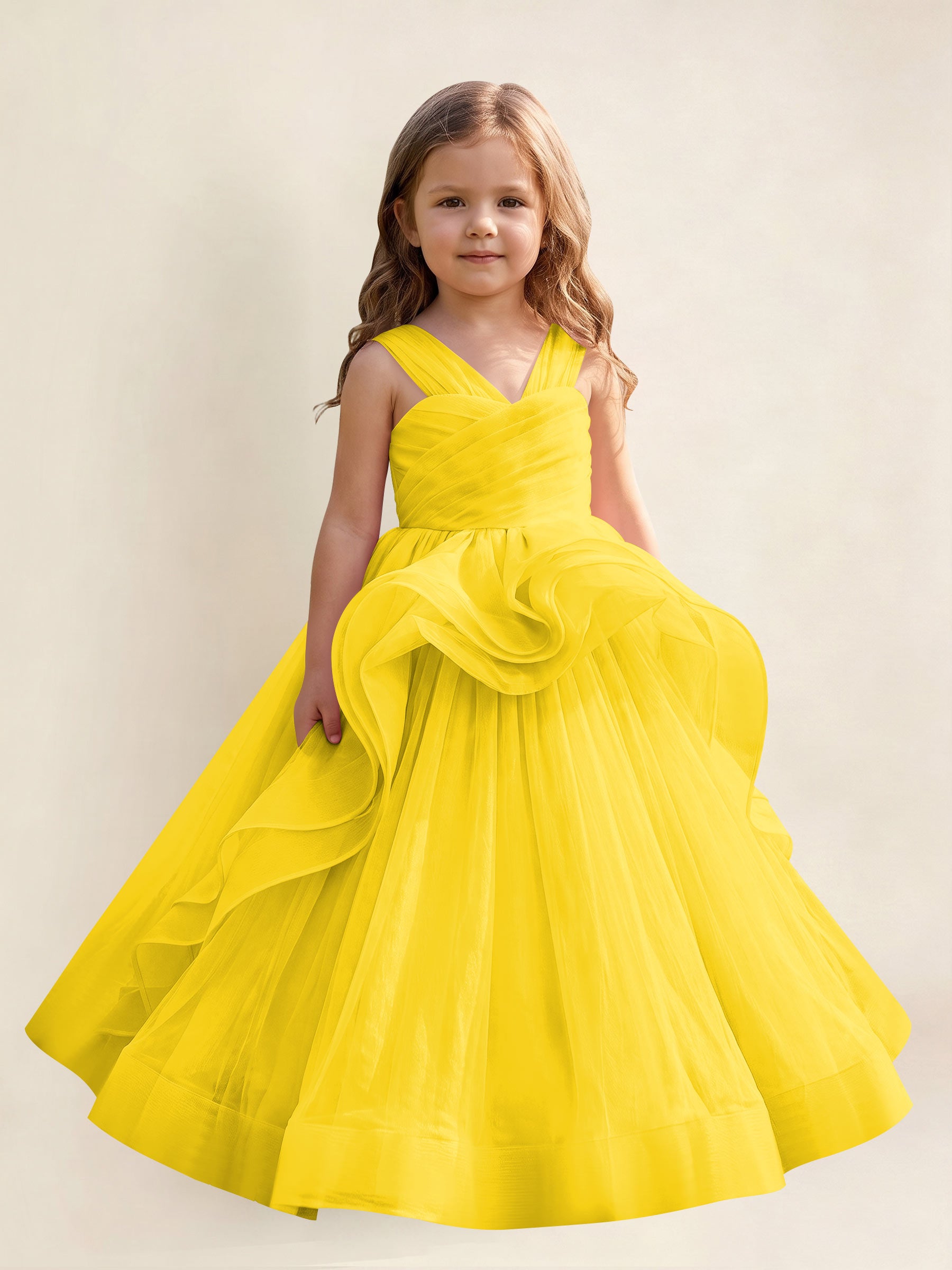 ROVDESY A-Line V-Neck Tulle Flower Girl Dress With Sleeveless Long Ball Gown Dress