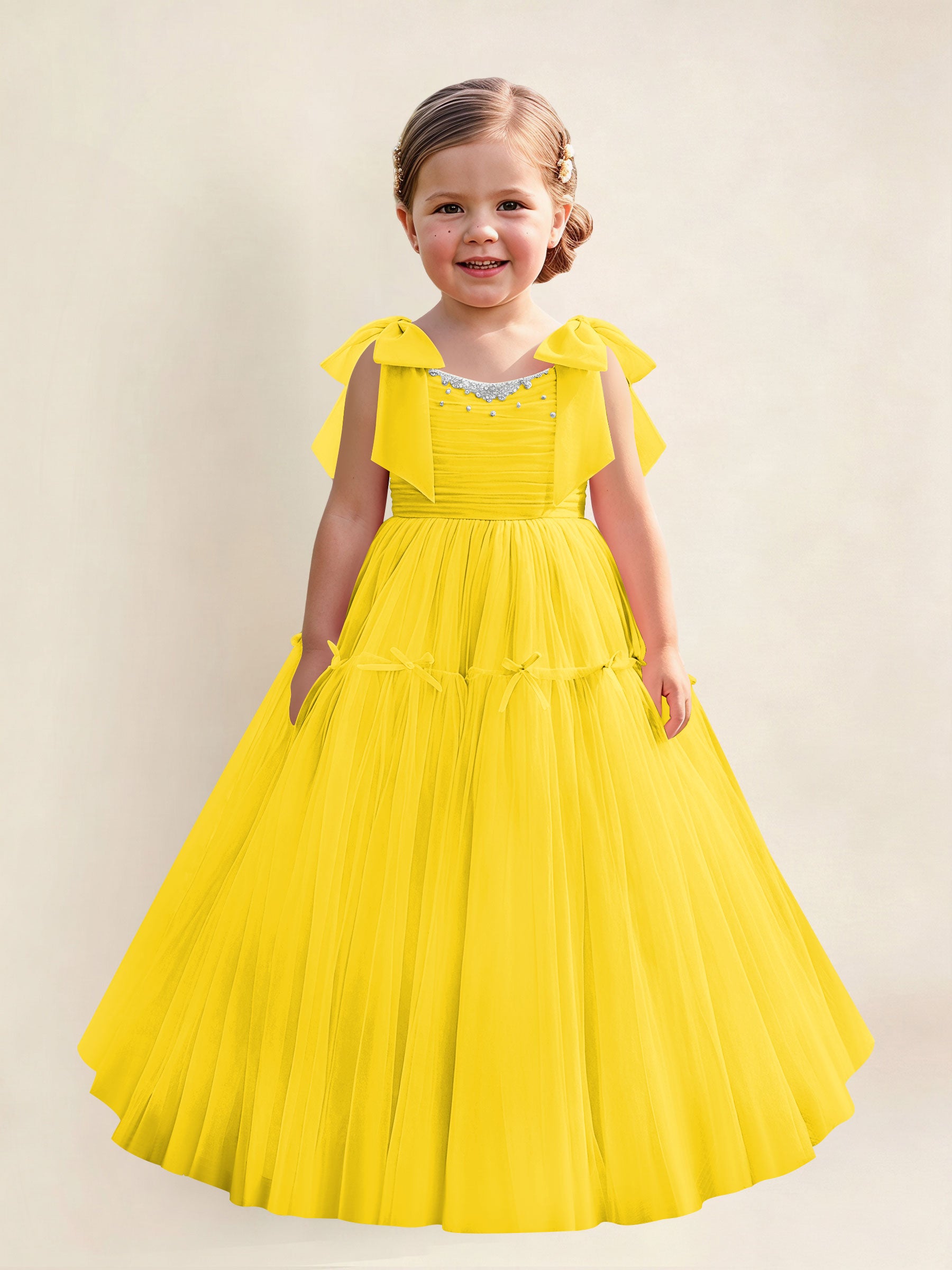 ROVDESY A-Line Tulle Flower Girl Dress With Bow Long Ball Gown Dress