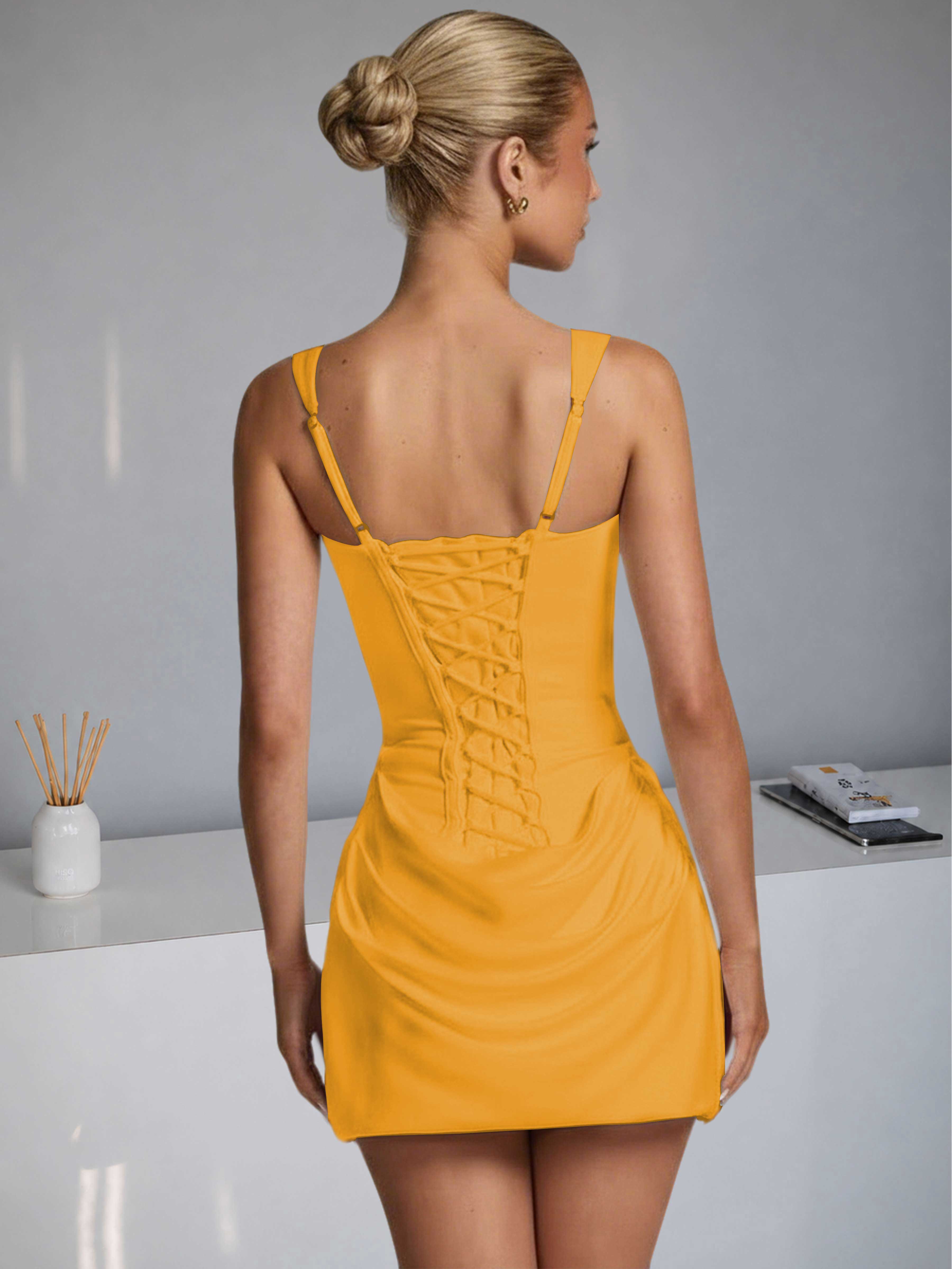 ROVDESY Square Neck Ruched Satin Homecoming Mini Dress