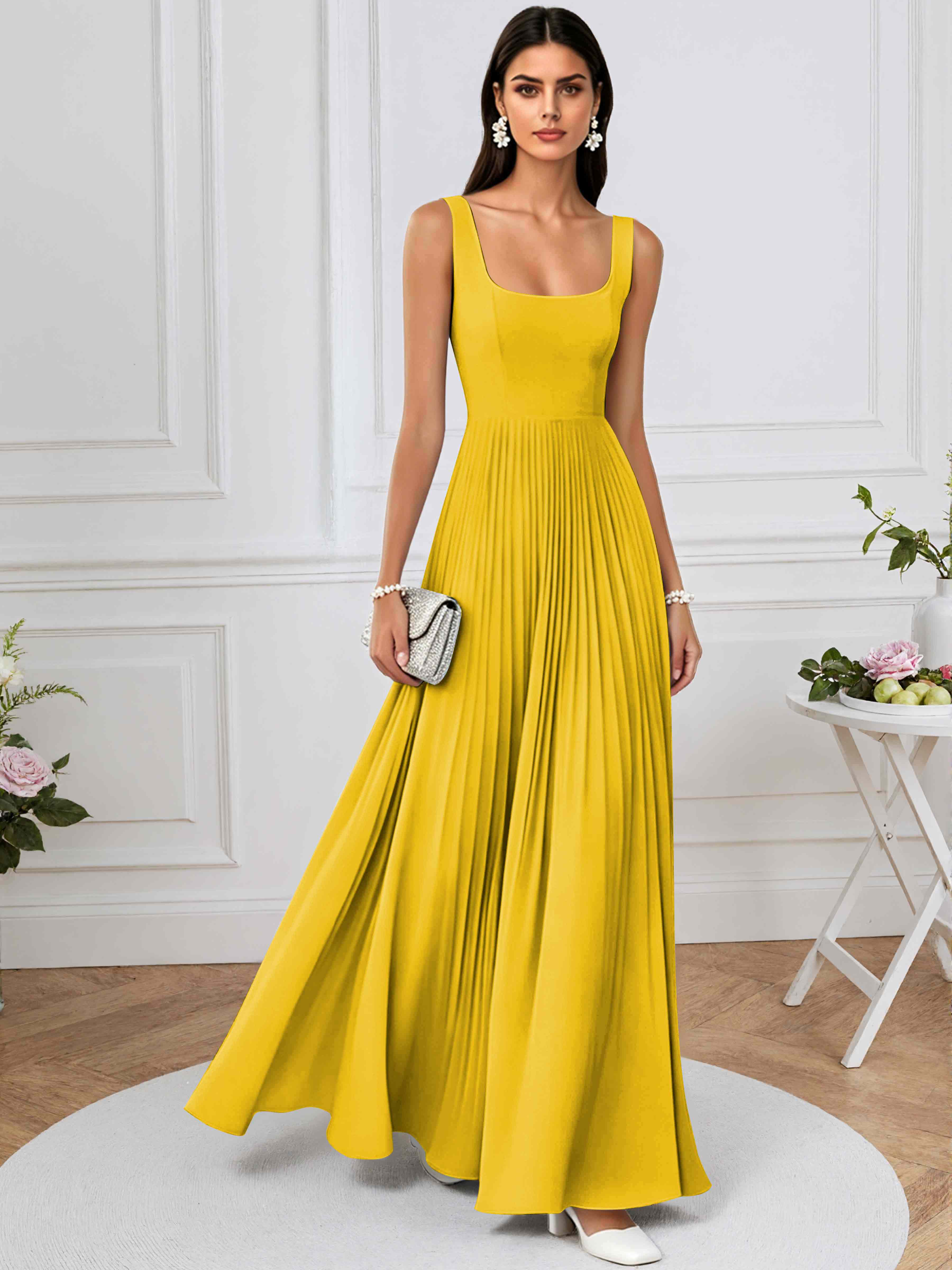 ROVDESY A-Line Square Neck Pleated Chiffon Long Bridesmaid/Prom Dress