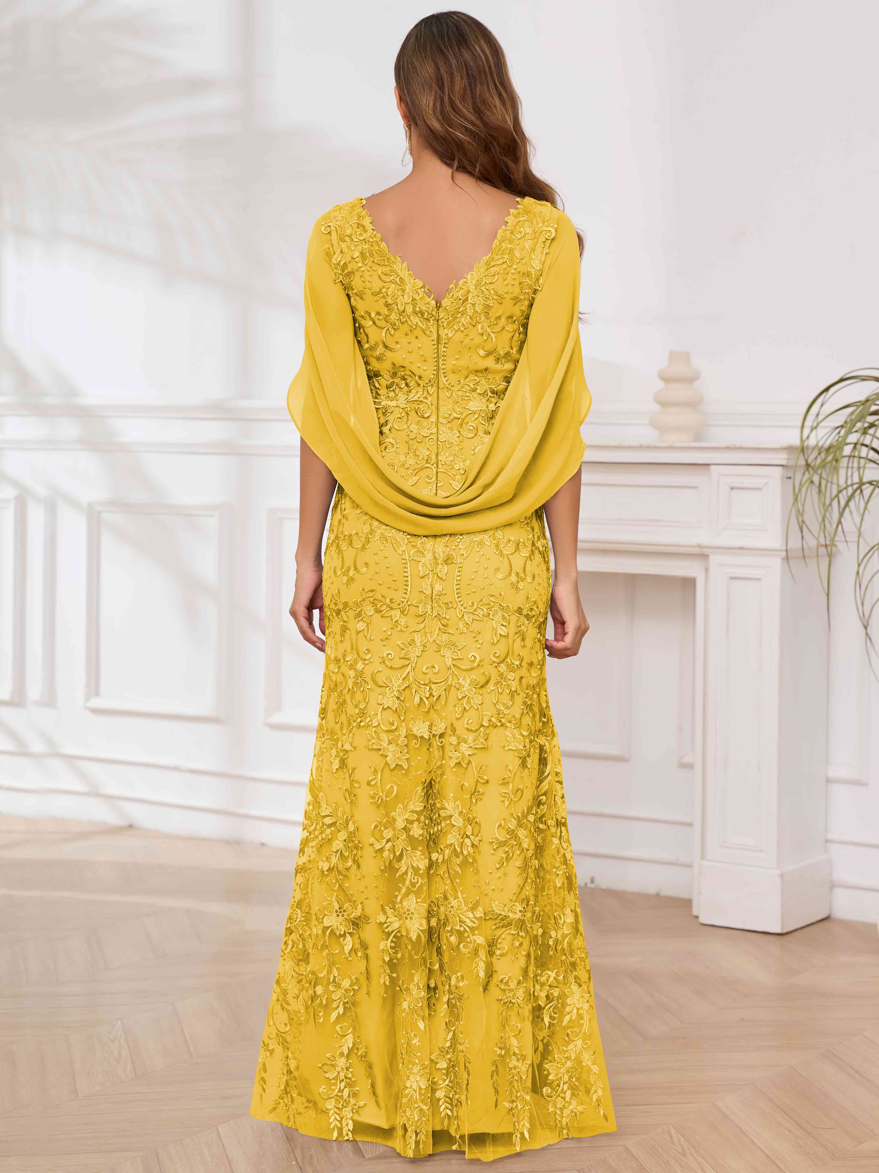 ROVDESY V-Neck Lace Mermaid Mother Of The Bride Dress With Cape Sleeves Long Formal Gown