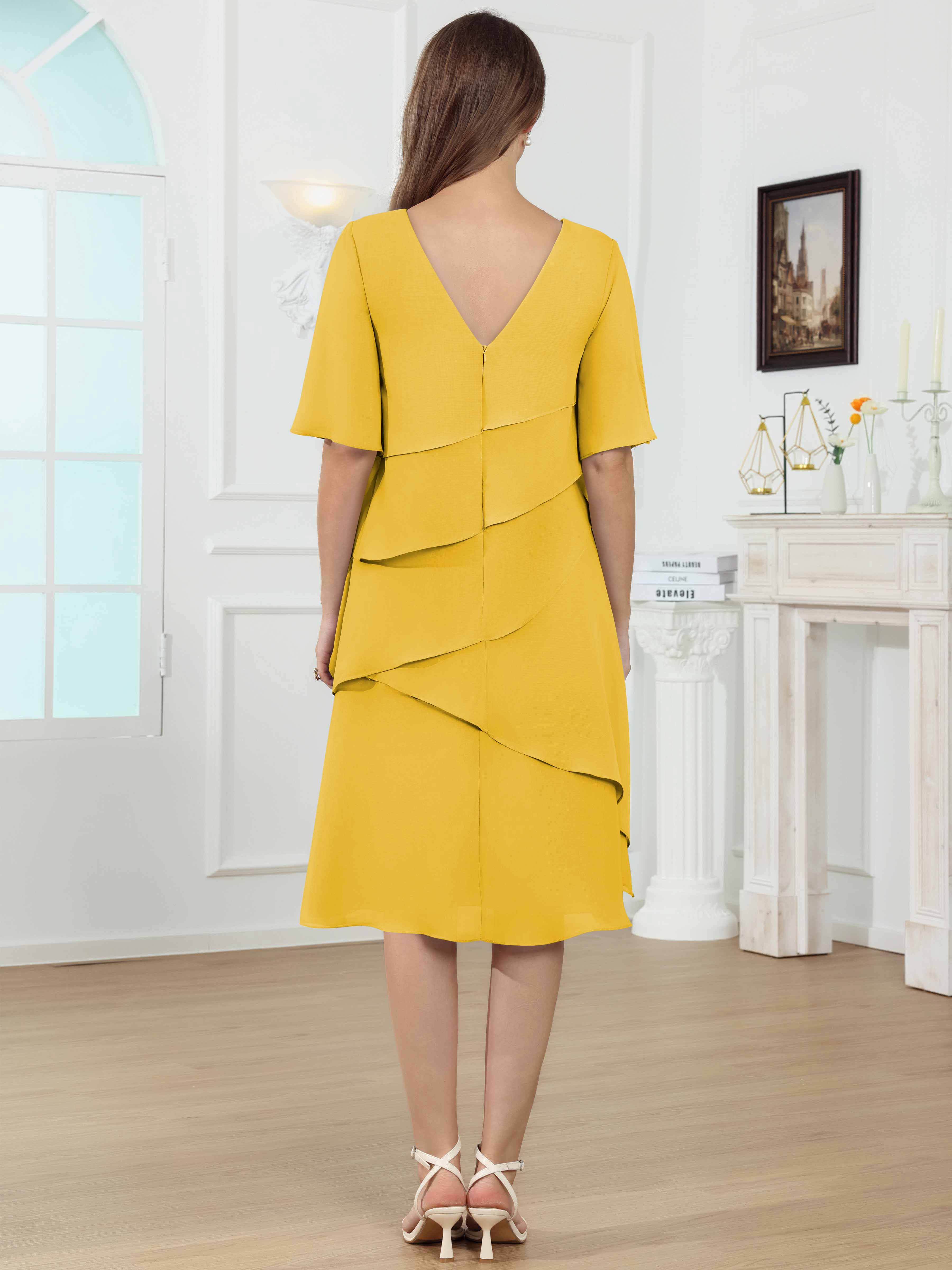 ROVDESY Knee Length Tiered Ruffle Chiffon Mother Of The Bride Dress With Half Sleeves