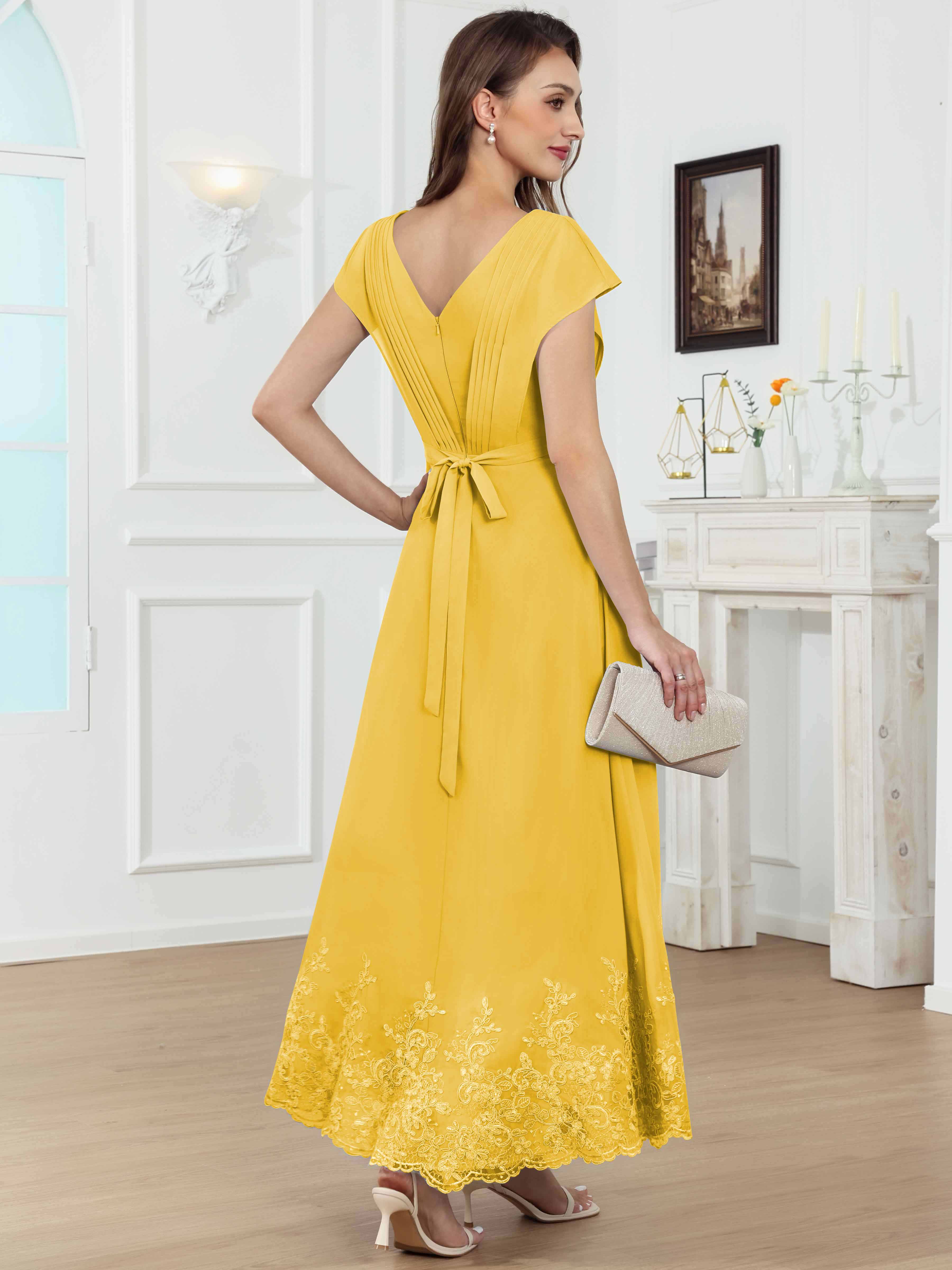 ROVDESY Tea Length High-Low V-Neck Ruched Lace Chiffon Mother of The Bride Dress for Women