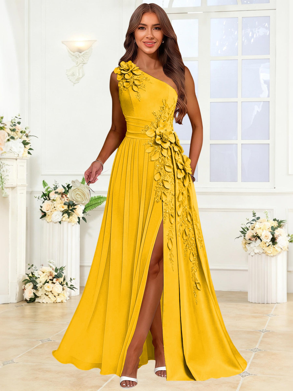 One Shoulder 3D Flower Chiffon Bridesmaid Dress with Slit