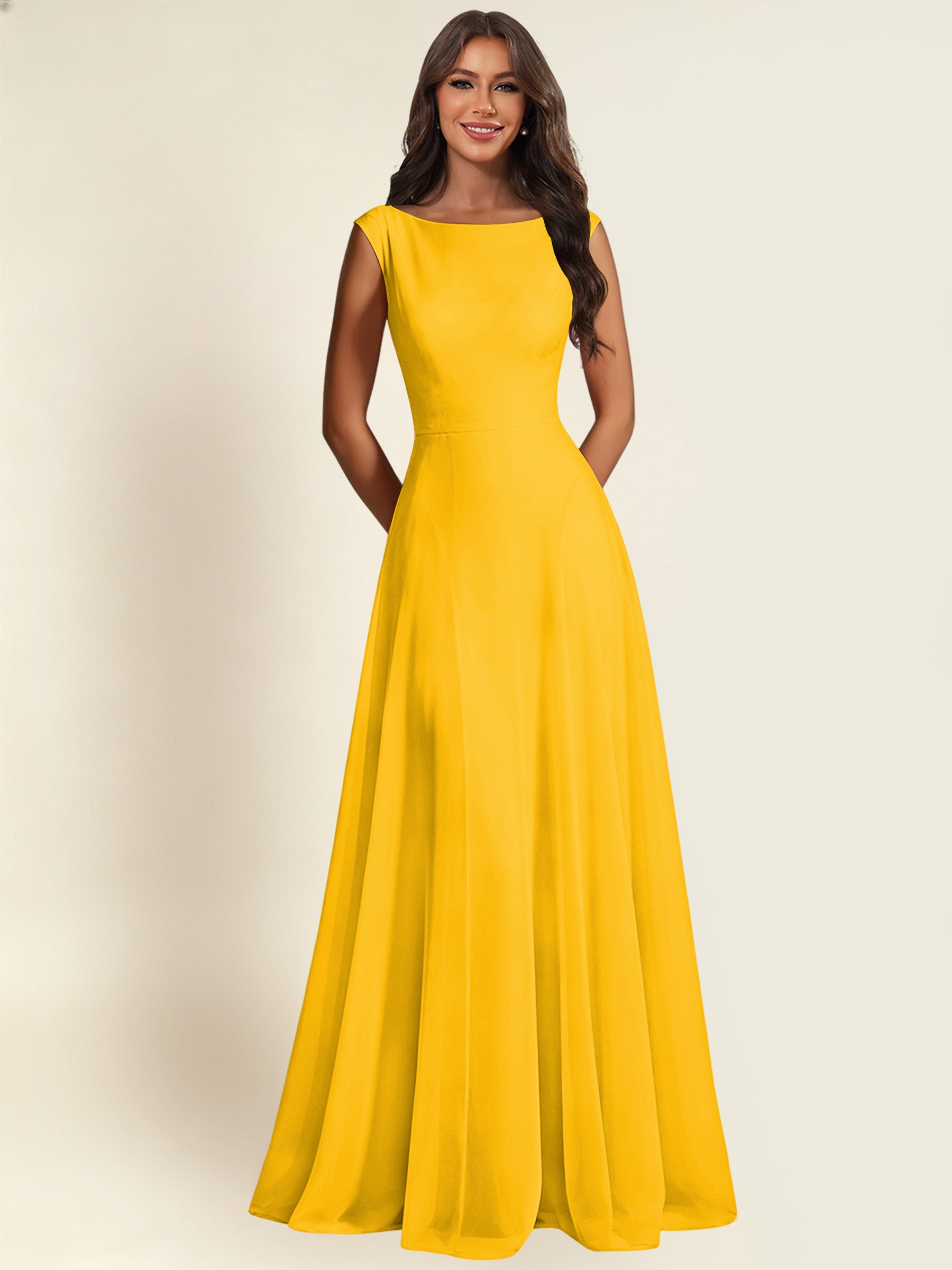 ROVDESY A-Line Chiffon Long Bridesmaid Dress With Sleeveless