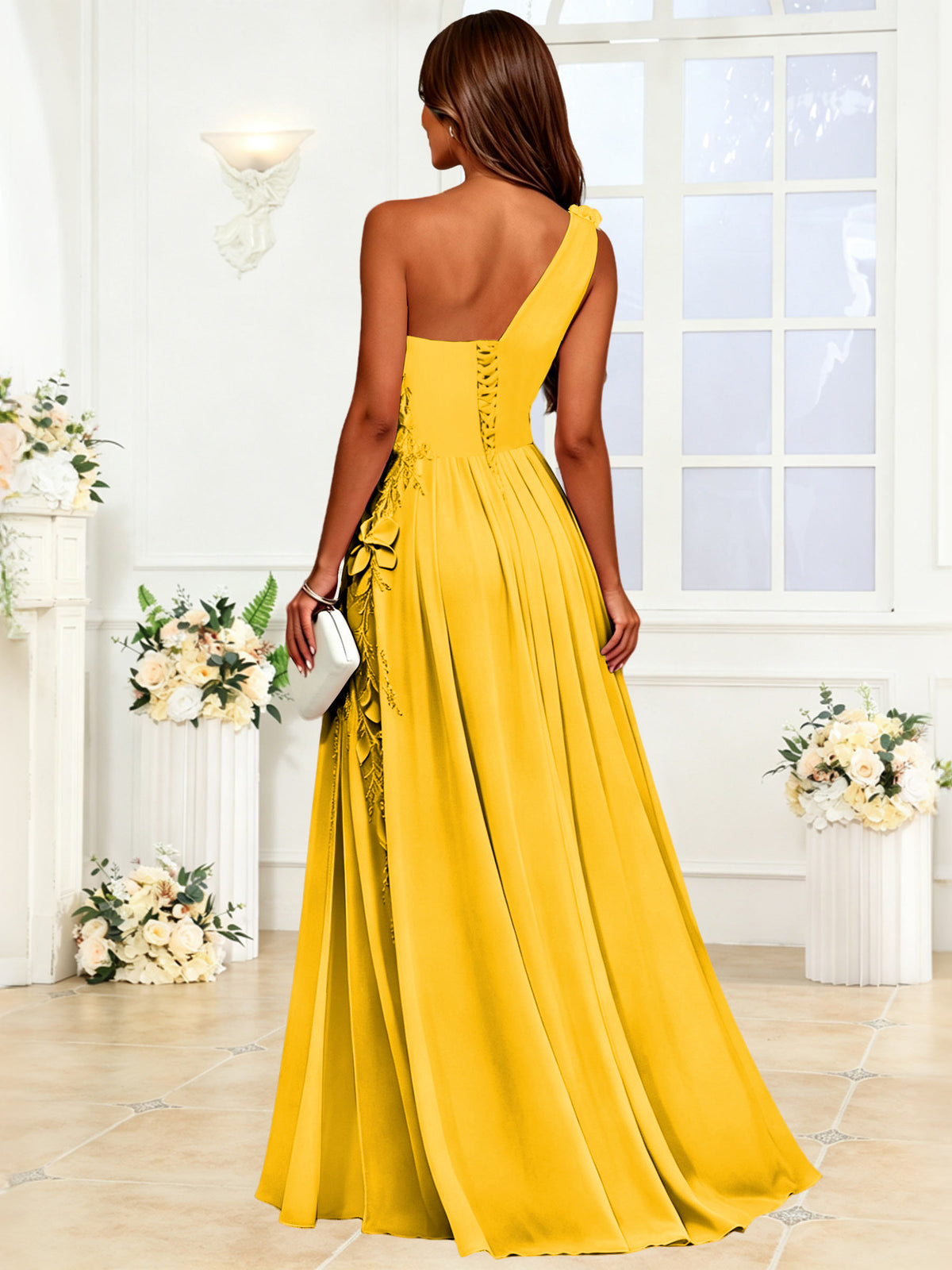 One Shoulder 3D Flower Chiffon Bridesmaid Dress with Slit