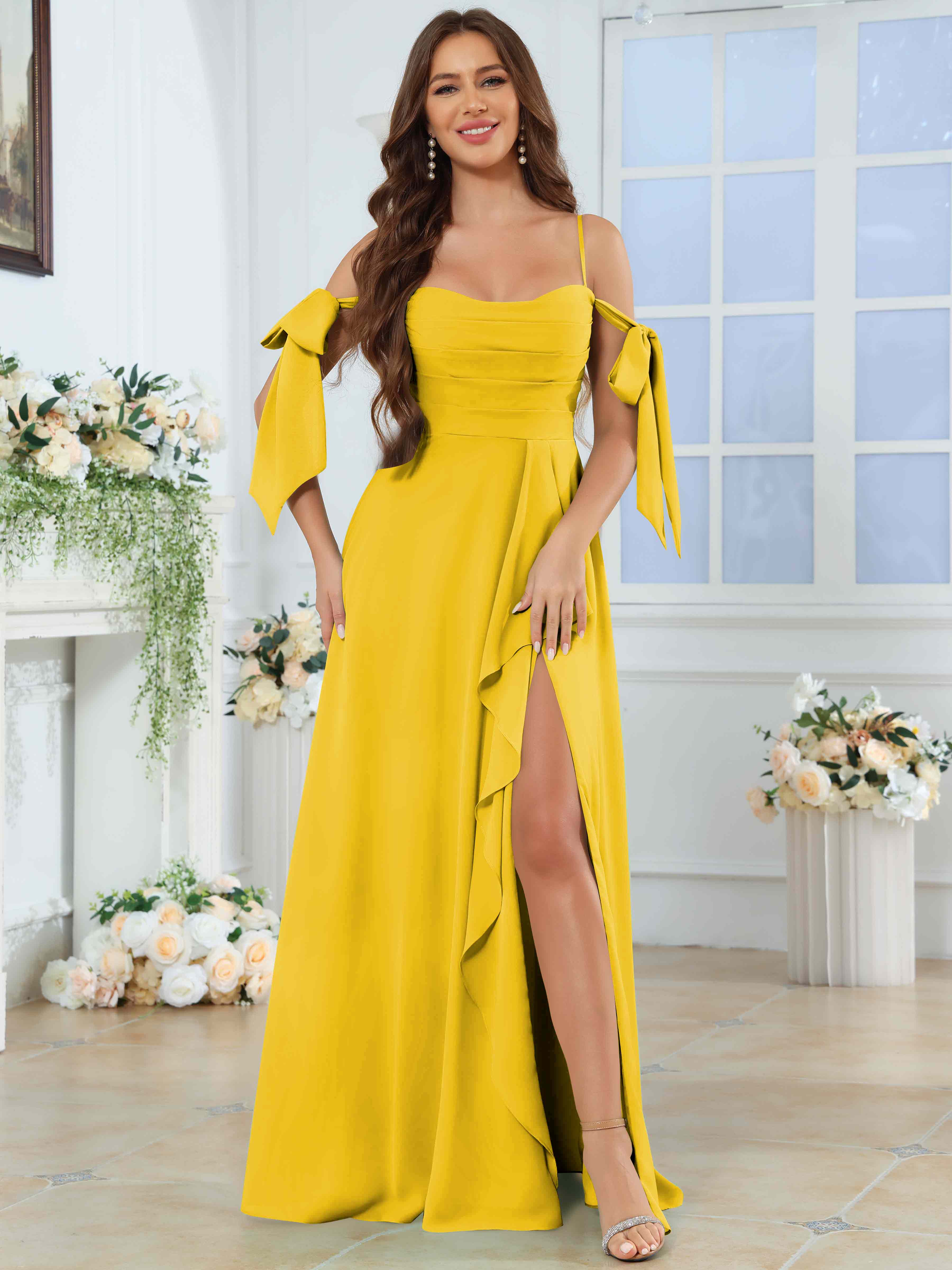 ROVDESY Spaghetti Strap Pleated Ruffle Slit Chiffon Bridesmaid Dress With Bow Sleeves