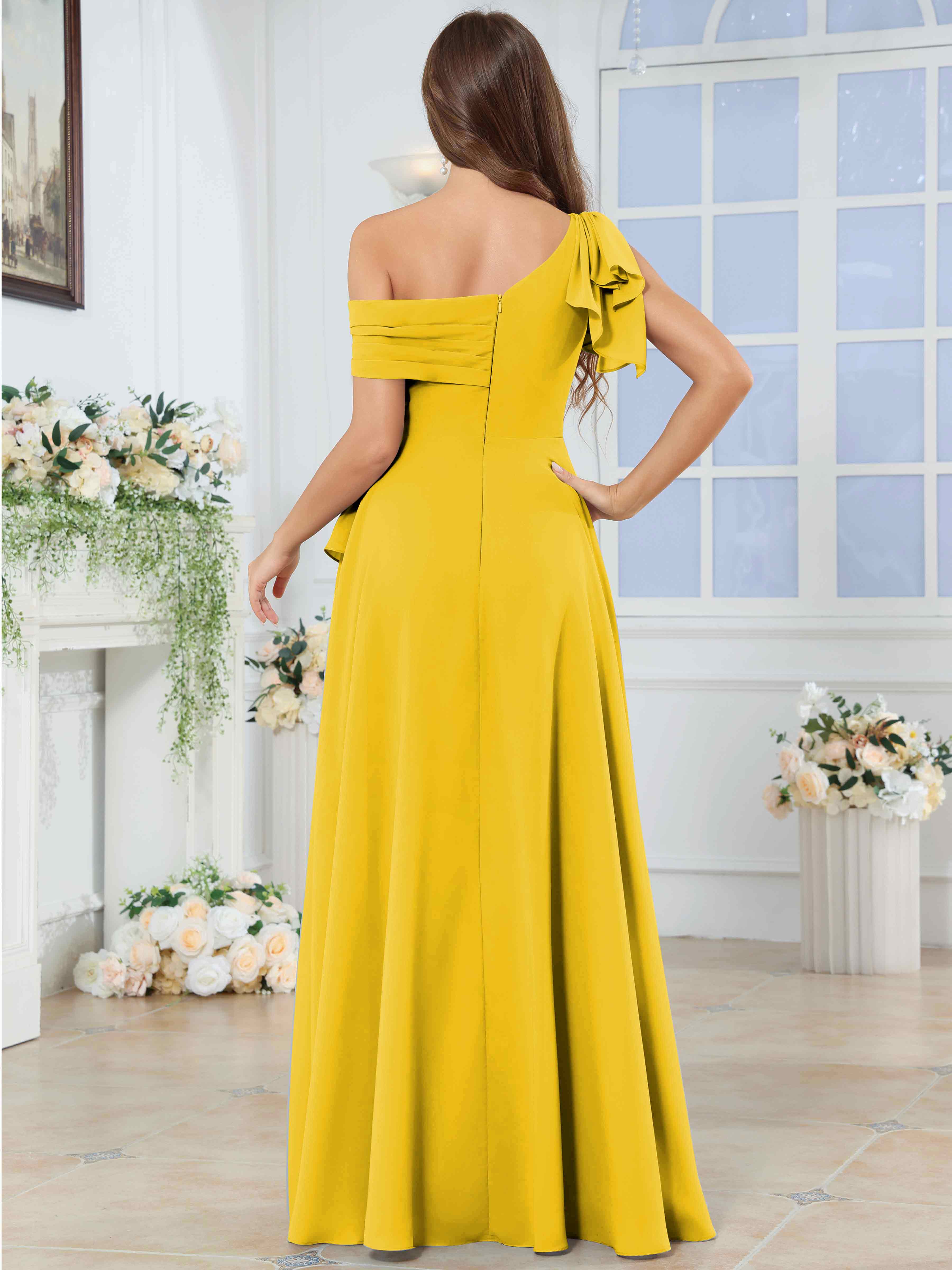 ROVDESY One Shoulder Pleated Ruffle Chiffon Bridesmaid Dress With Slit