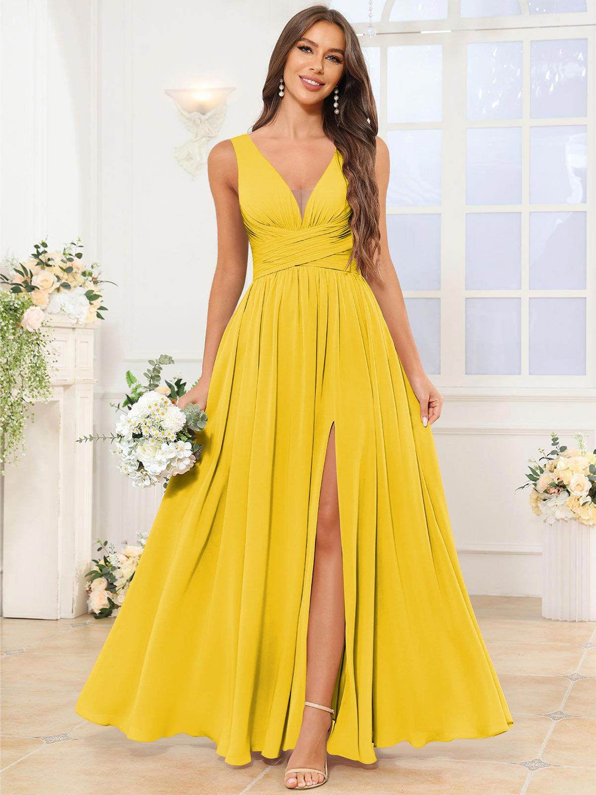 V Neck Chiffon A Line Bridesmaid Dress with Slit
