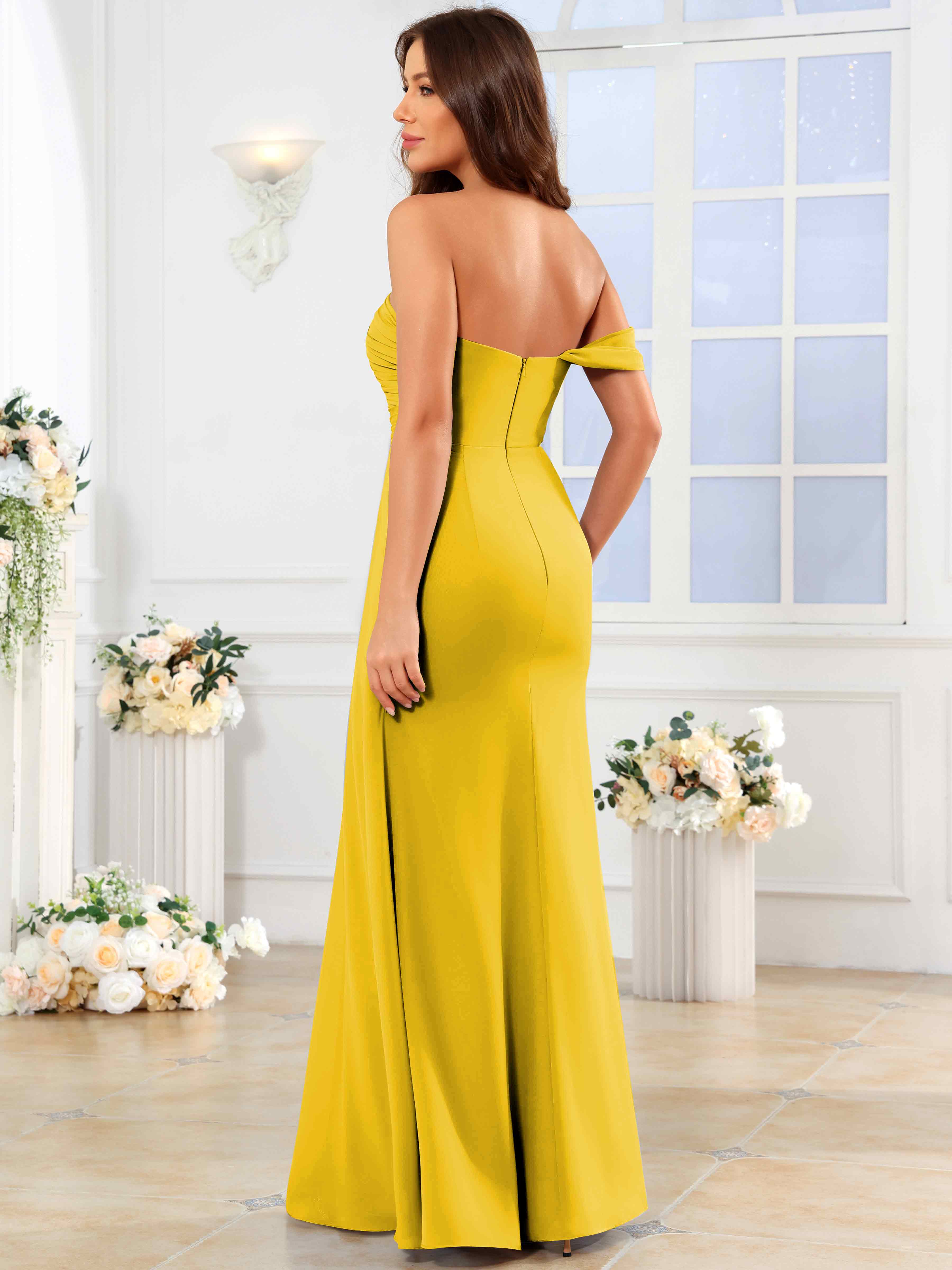 ROVDESY One Shoulder Off The Shoulder Pleated Chiffon Bridesmaid Dress