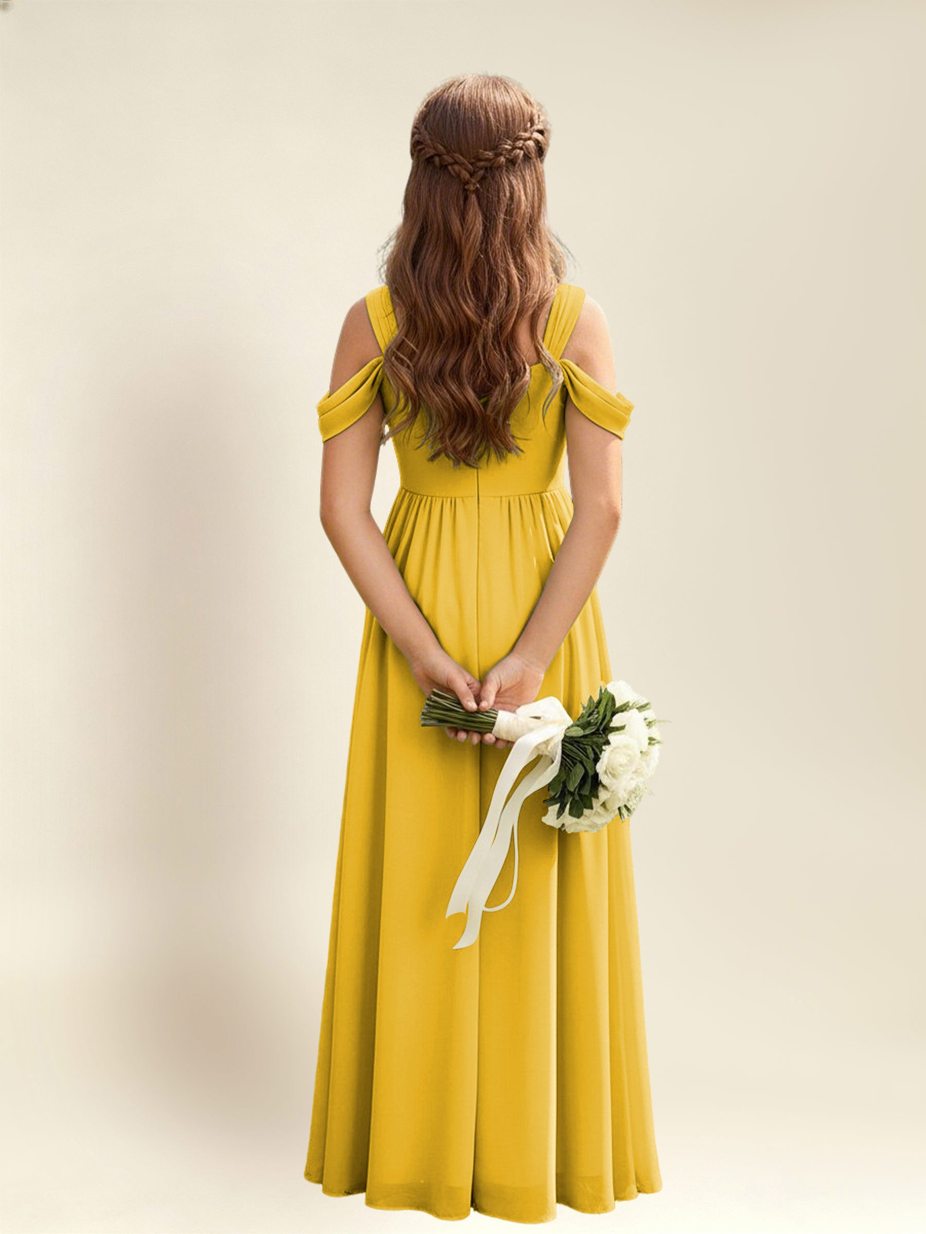 ROVDESY A-Line Off The Shoulder Pleated Chiffon Junior Bridesmaid Dress