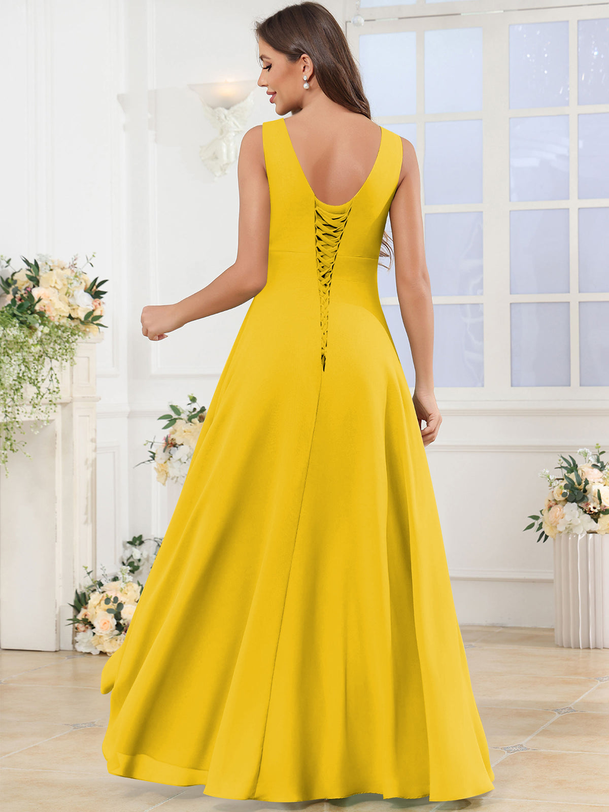 V Neck Chiffon A Line Ruffle Bridesmaid Dress with Slit