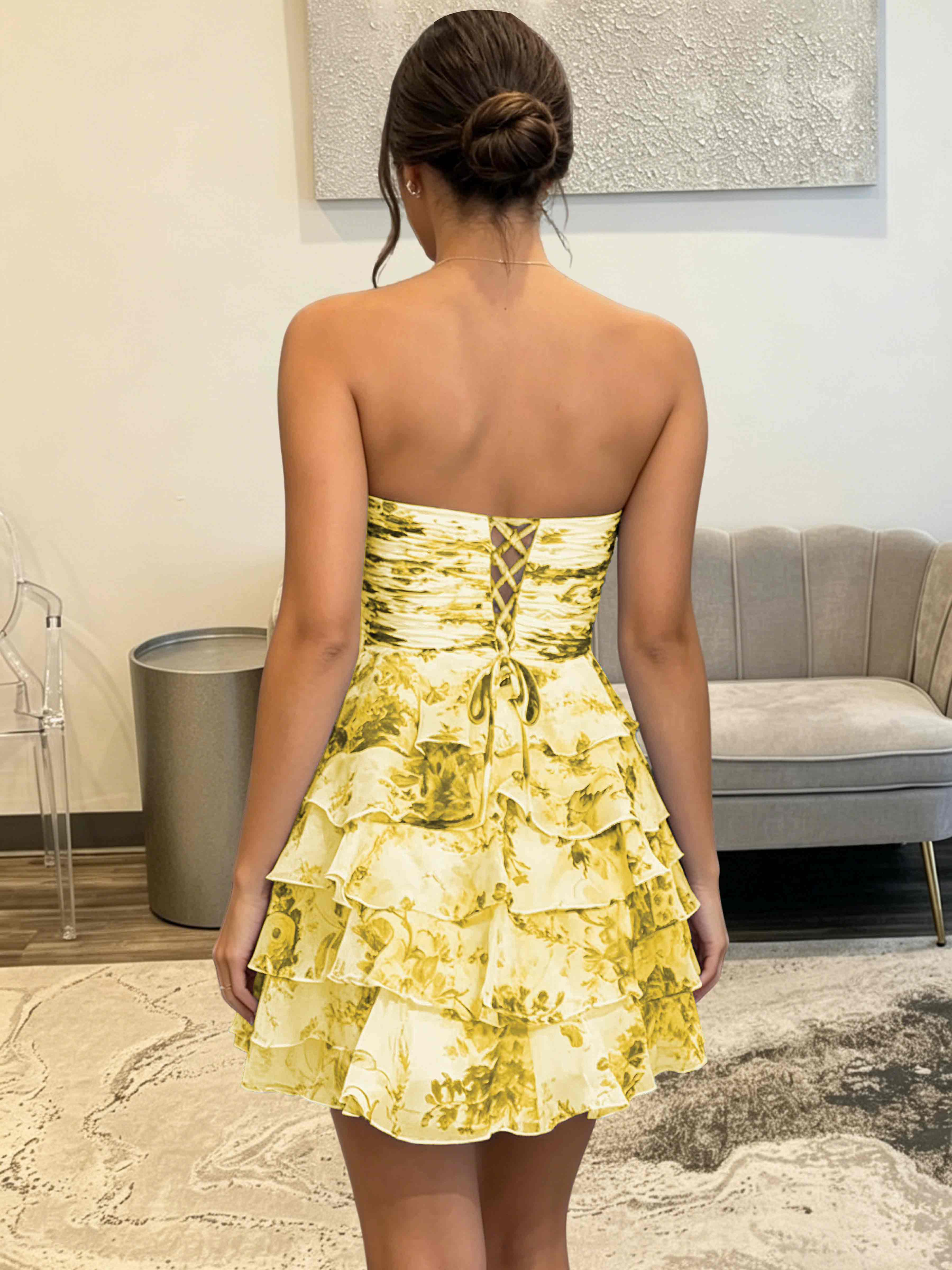 ROVDESY Strapless Tiered Ruffle Floral Print Chiffon Homecoming Mini Dress